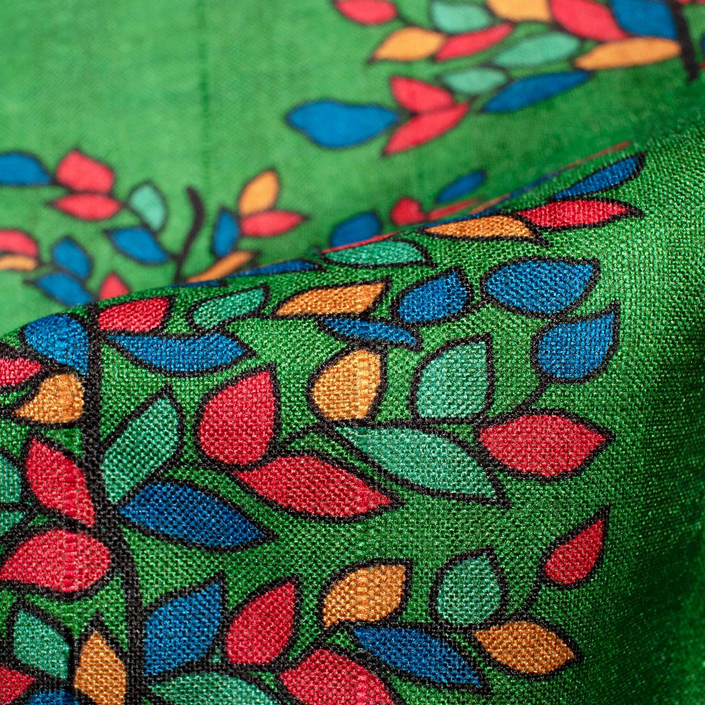 Forest Green And Royal Blue Madhubani Pattern Digital Print Art Tussar Silk Fabric