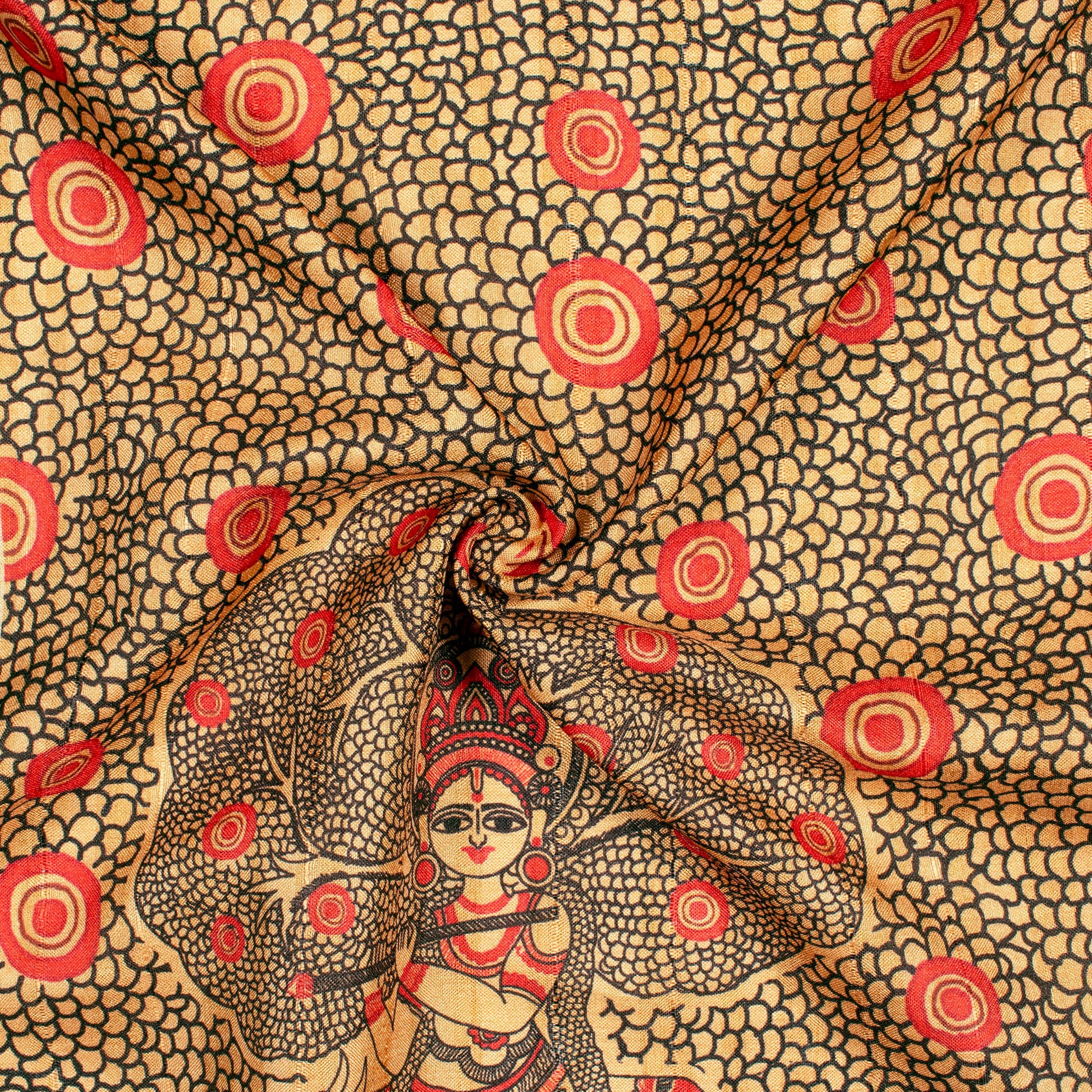 Pastel Orange And Red Madhubani Pattern Digital Print Art Tusser Silk Fabric - Fabcurate