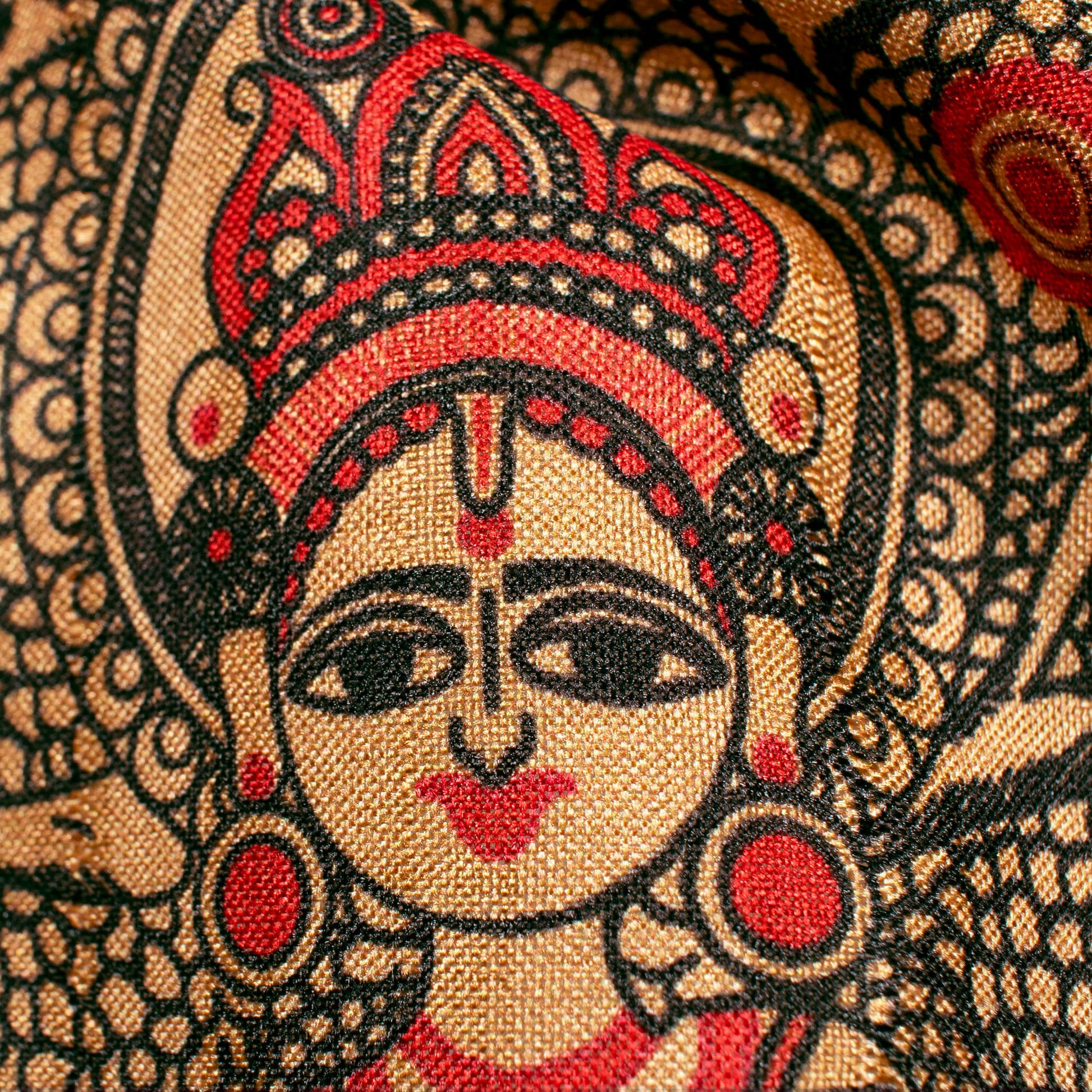 Pastel Orange And Red Madhubani Pattern Digital Print Art Tusser Silk Fabric - Fabcurate