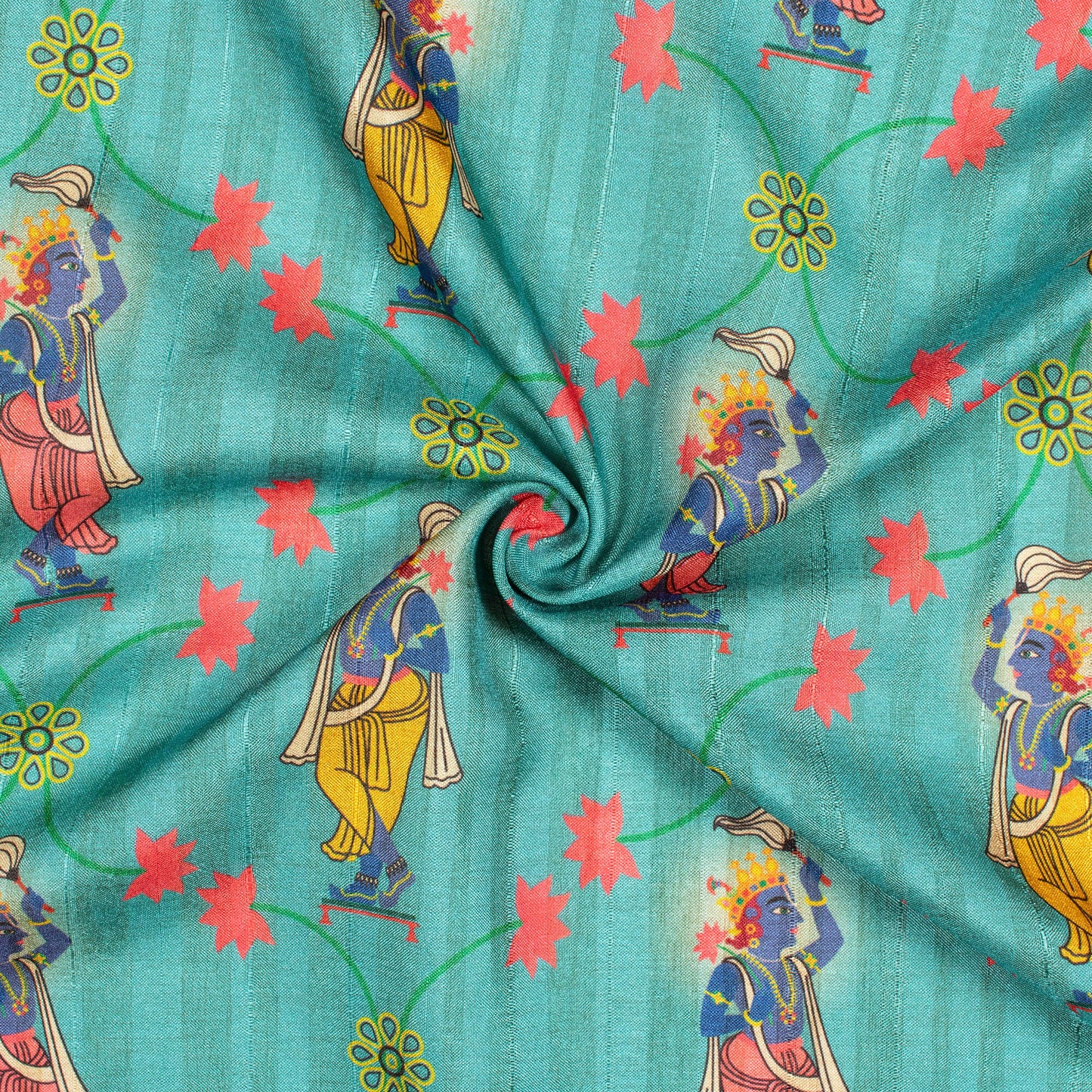 Sky Blue And Fuchsia Madhubani Pattern Digital Print Art Tusser Silk Fabric - Fabcurate