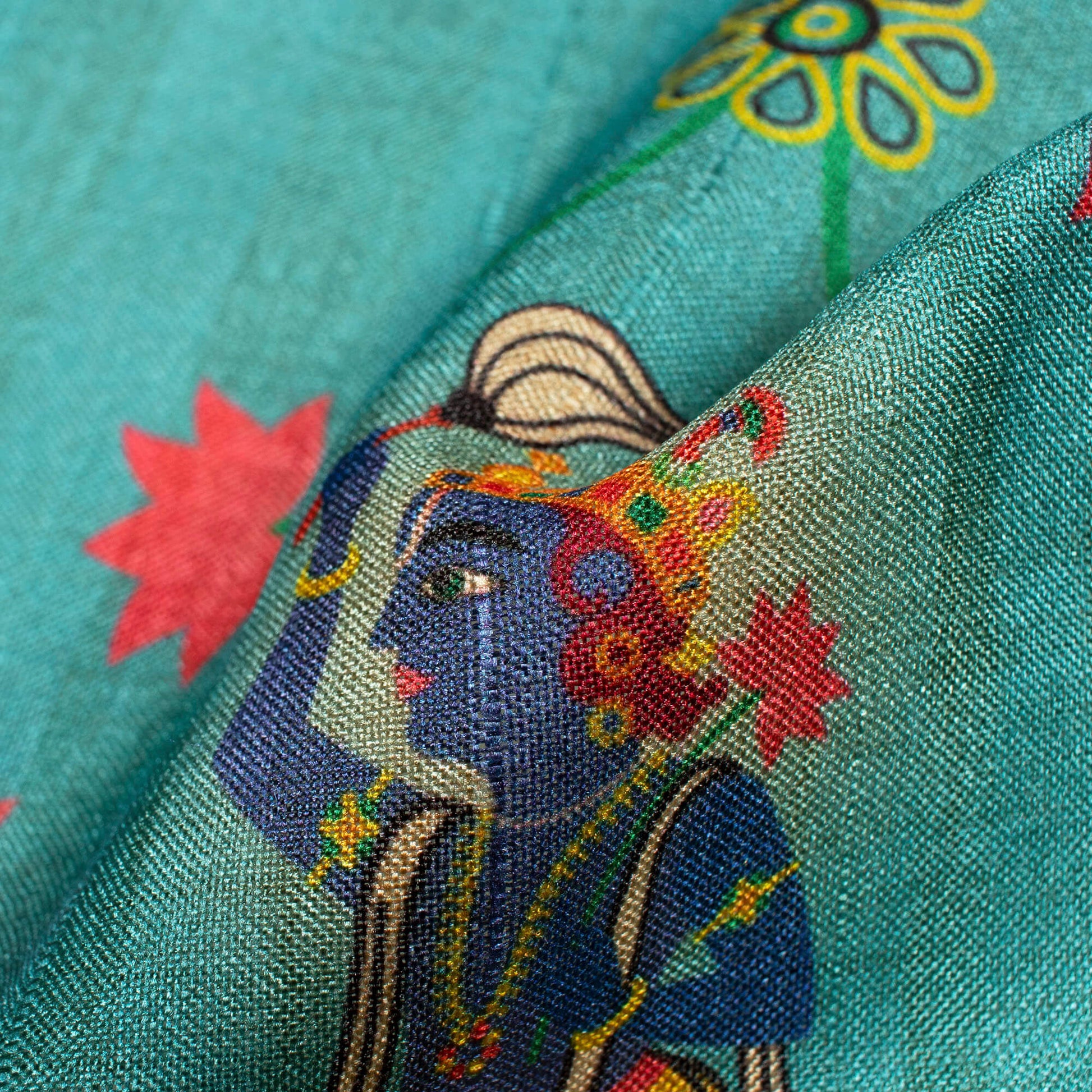Sky Blue And Fuchsia Madhubani Pattern Digital Print Art Tusser Silk Fabric - Fabcurate