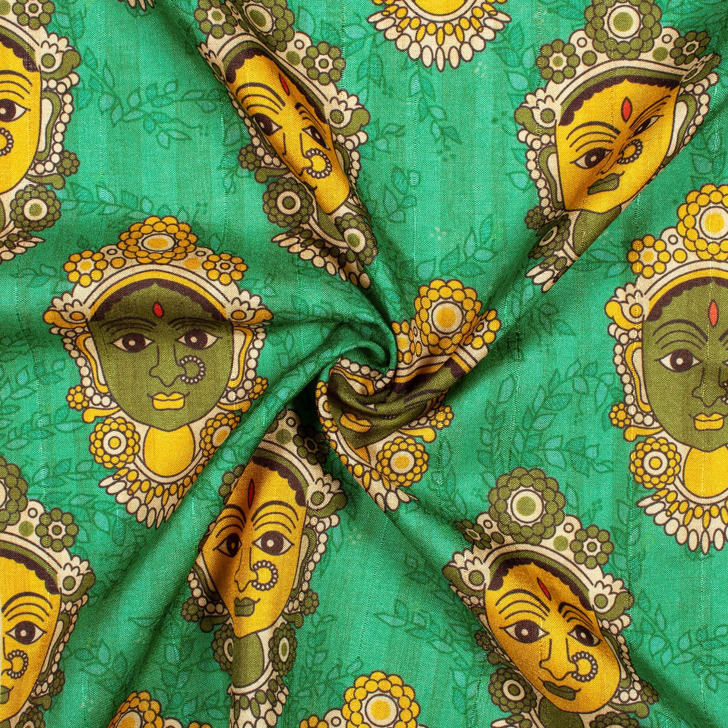 Persian Green And Yellow Madhubani Pattern Digital Print Art Tusser Silk Fabric - Fabcurate