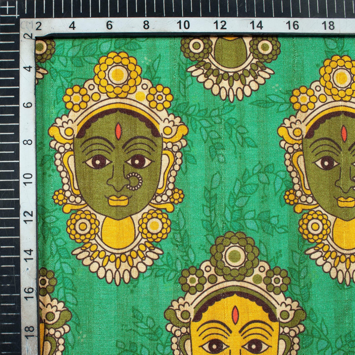 Persian Green And Yellow Madhubani Pattern Digital Print Art Tusser Silk Fabric - Fabcurate