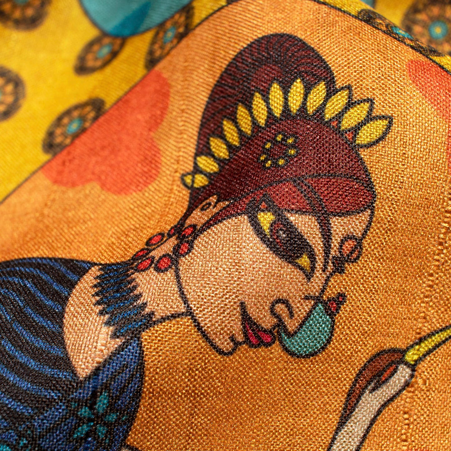 Yellow And Salmon Orange Madhubani Pattern Digital Print Art Tussar Silk Fabric