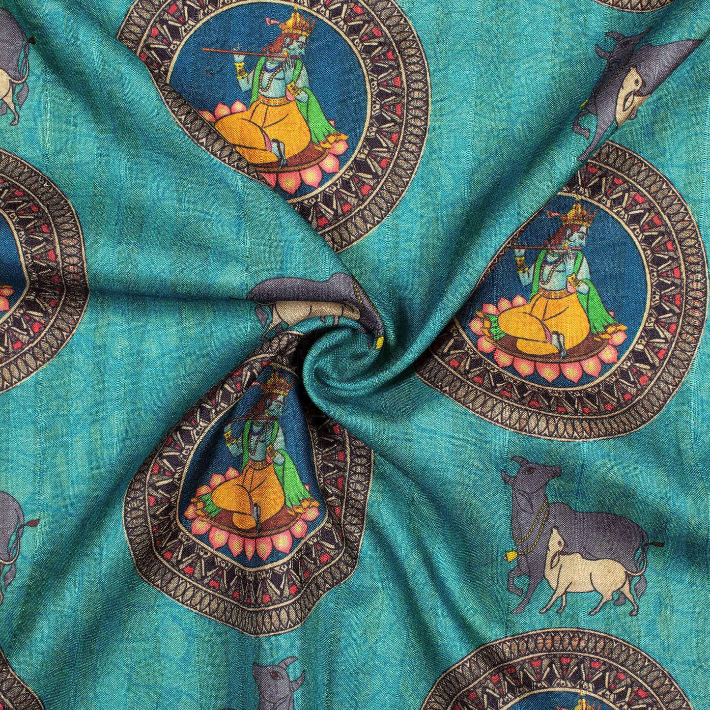 Sky Blue And Grey Madhubani Pattern Digital Print Art Tussar Silk Fabric