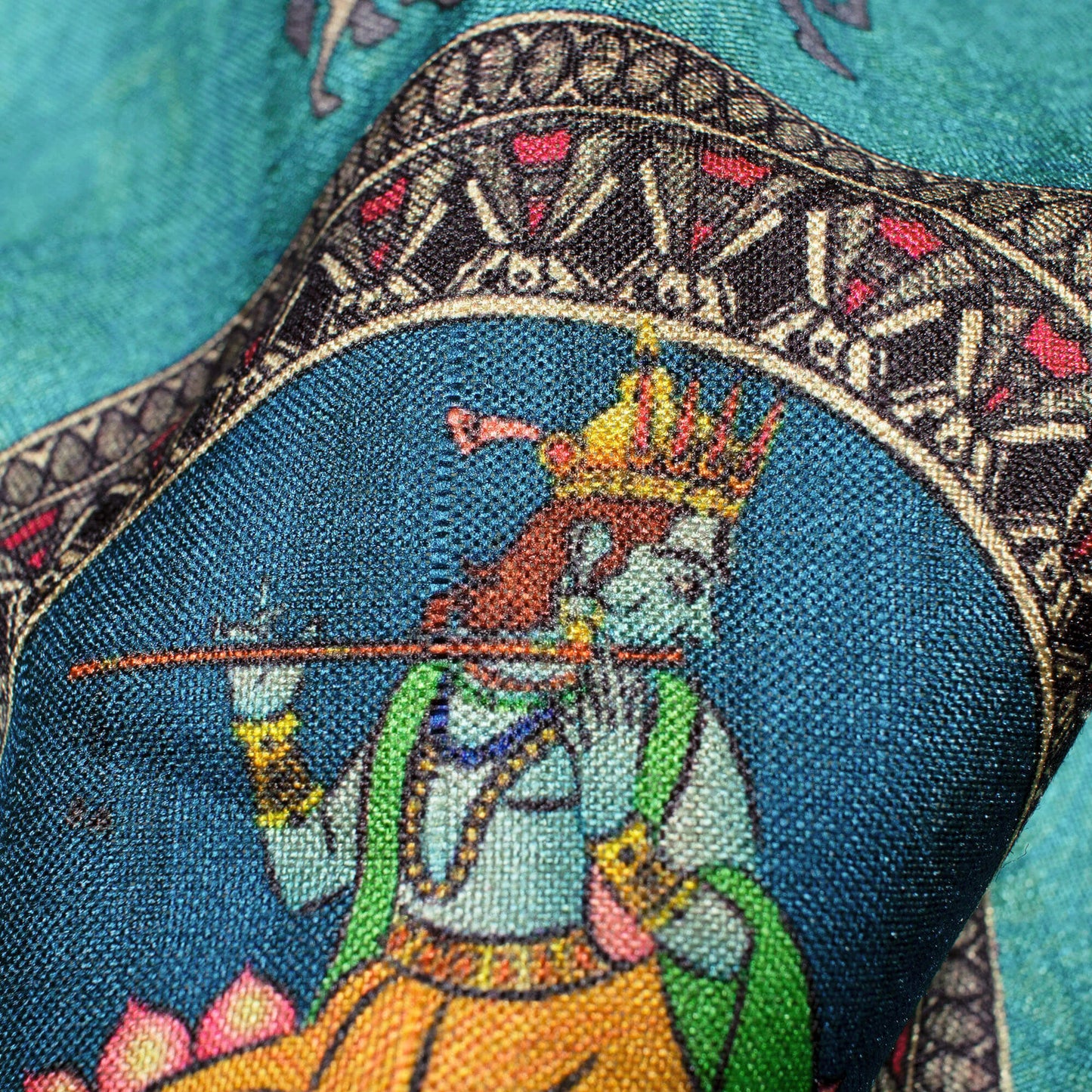 Sky Blue And Grey Madhubani Pattern Digital Print Art Tussar Silk Fabric