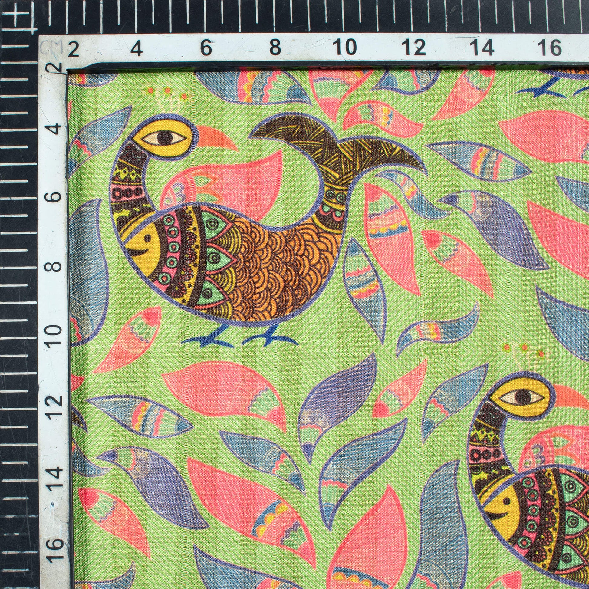 Pistachio Green And Purple Madhubani Pattern Digital Print Art Tusser Silk Fabric - Fabcurate