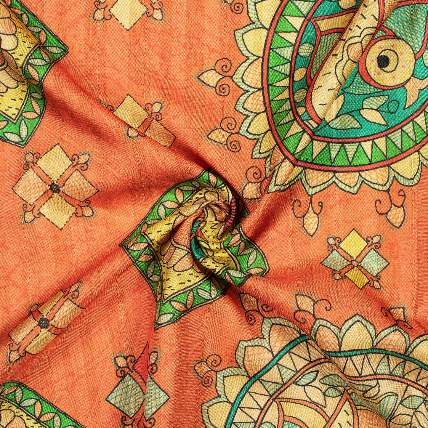 Royal Orange And Green Madhubani Pattern Digital Print Art Tusser Silk Fabric - Fabcurate