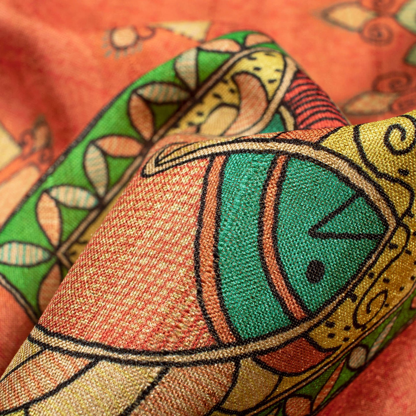 Royal Orange And Green Madhubani Pattern Digital Print Art Tusser Silk Fabric - Fabcurate