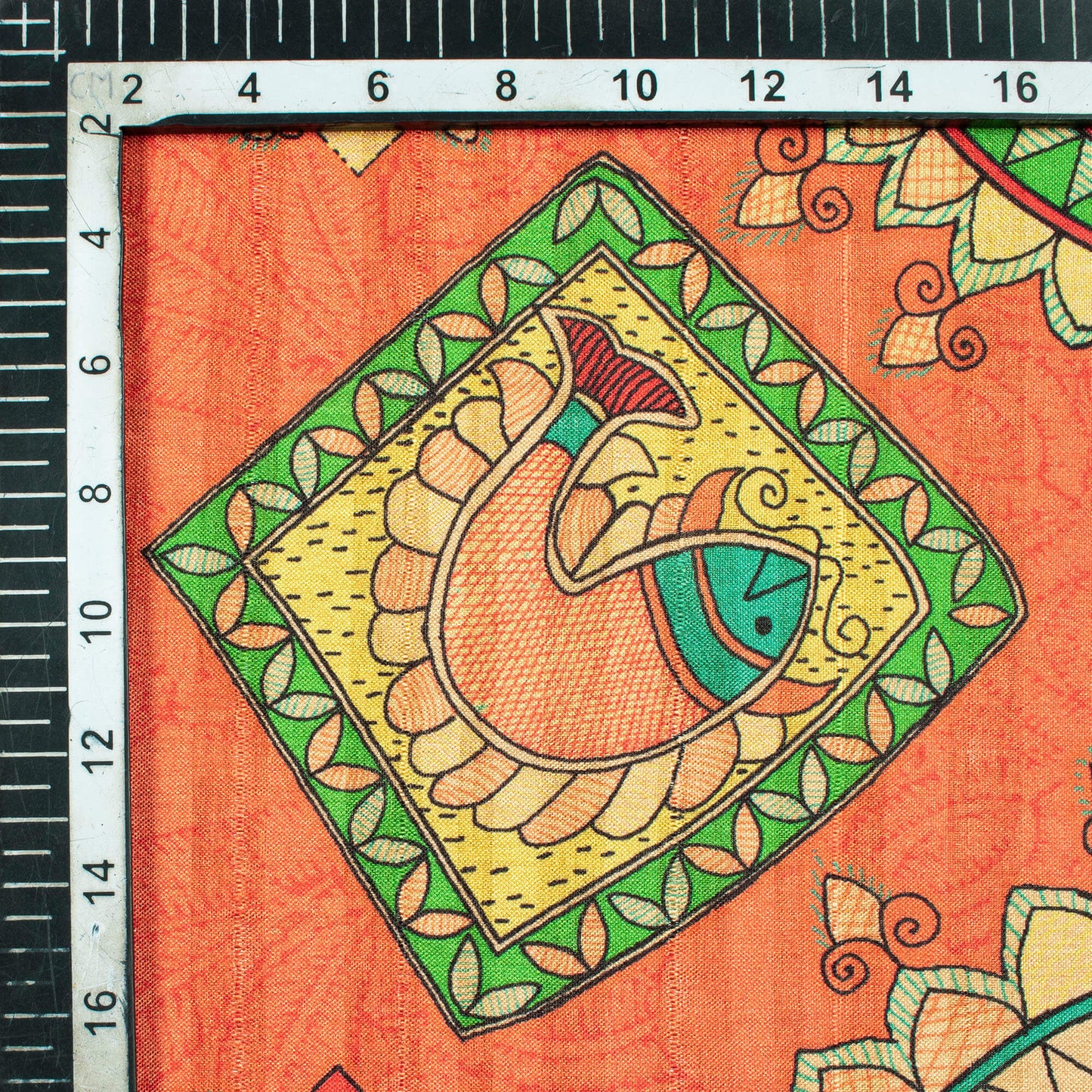 Royal Orange And Green Madhubani Pattern Digital Print Art Tusser Silk Fabric - Fabcurate