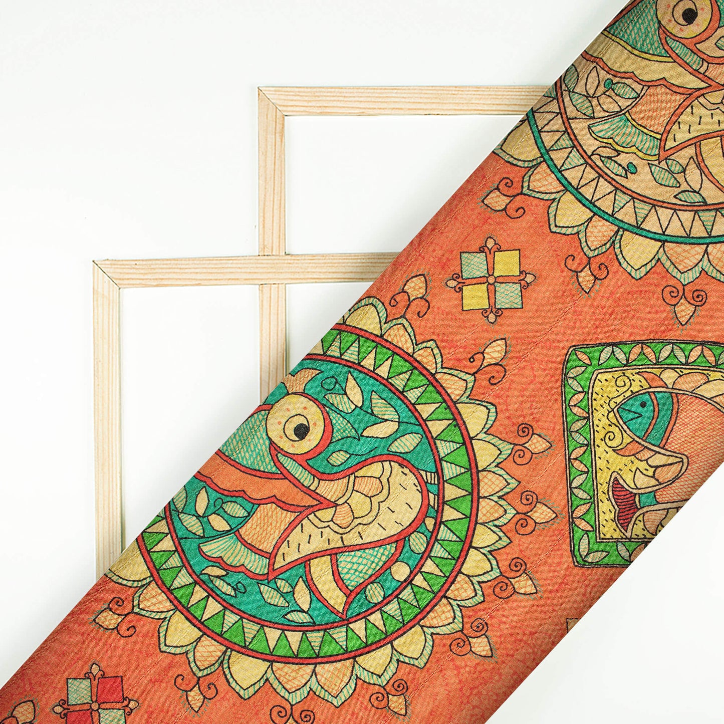 Royal Orange And Green Madhubani Pattern Digital Print Art Tusser Silk Fabric - Fabcurate