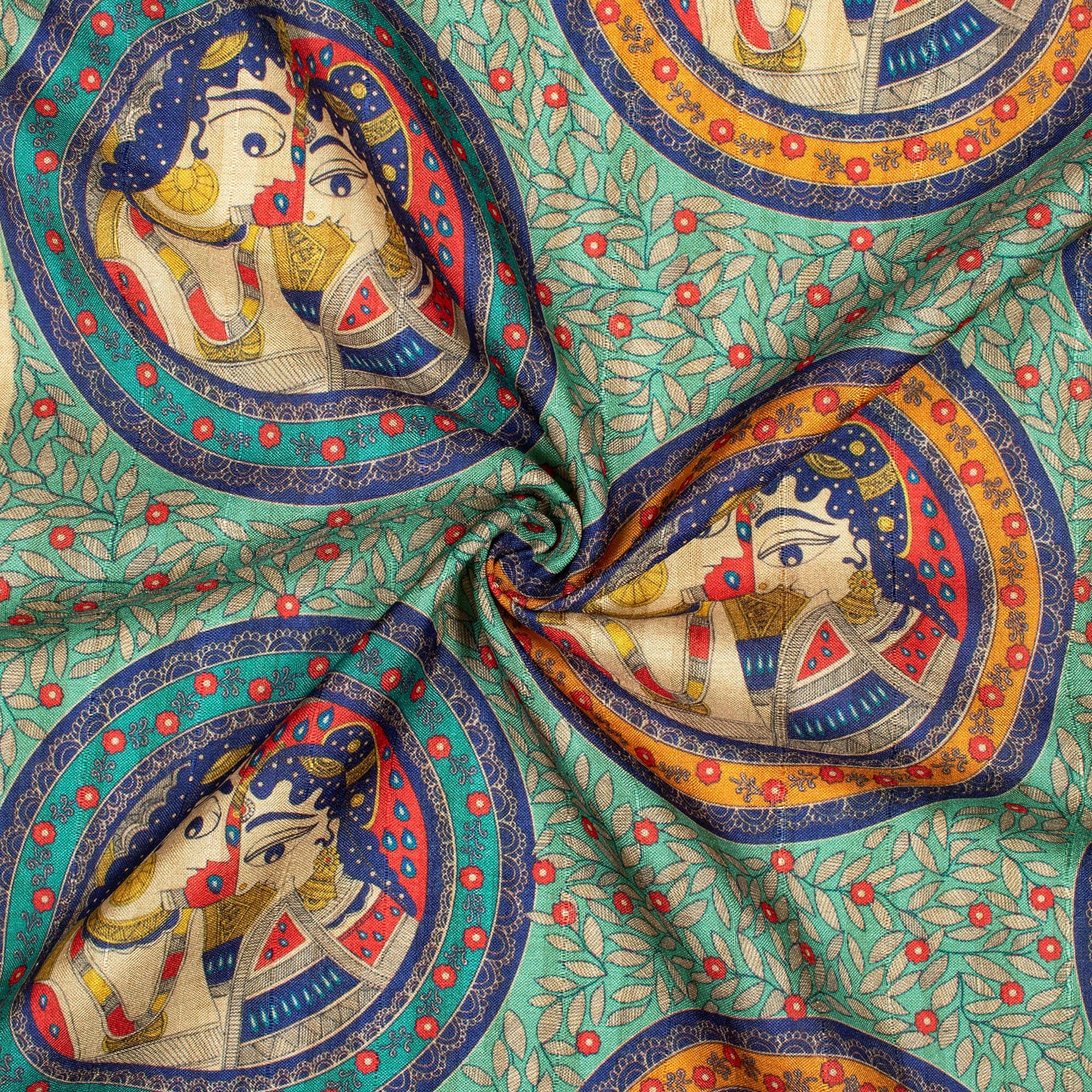 Celeste Green And Royal Blue Madhubani Pattern Digital Print Art Tussar Silk Fabric