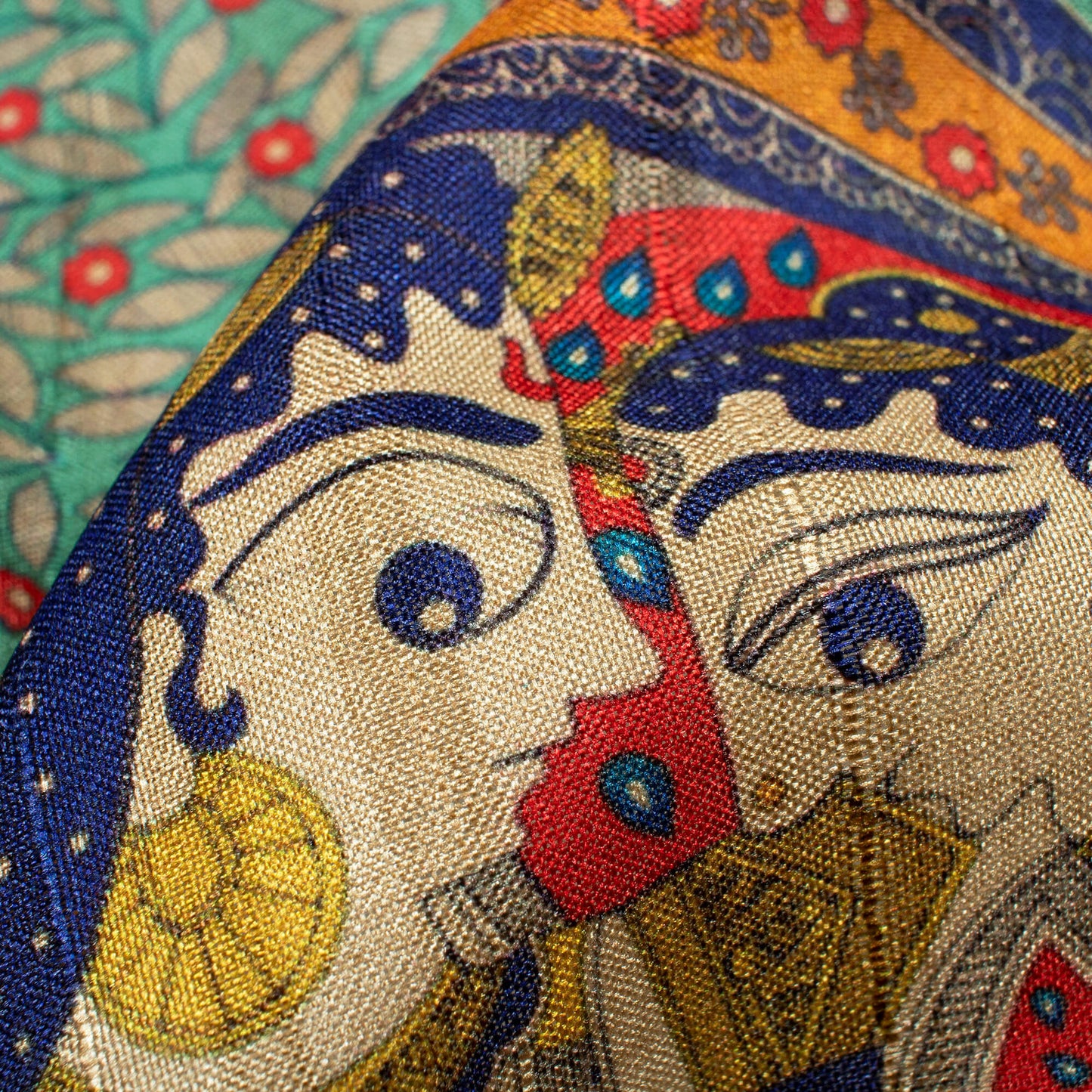Celeste Green And Royal Blue Madhubani Pattern Digital Print Art Tussar Silk Fabric