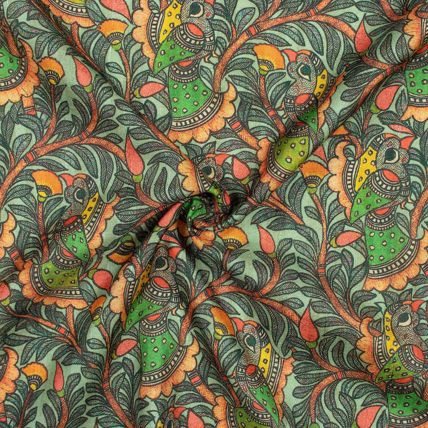 Black And Parrot Green Madhubani Pattern Digital Print Art Tussar Silk Fabric