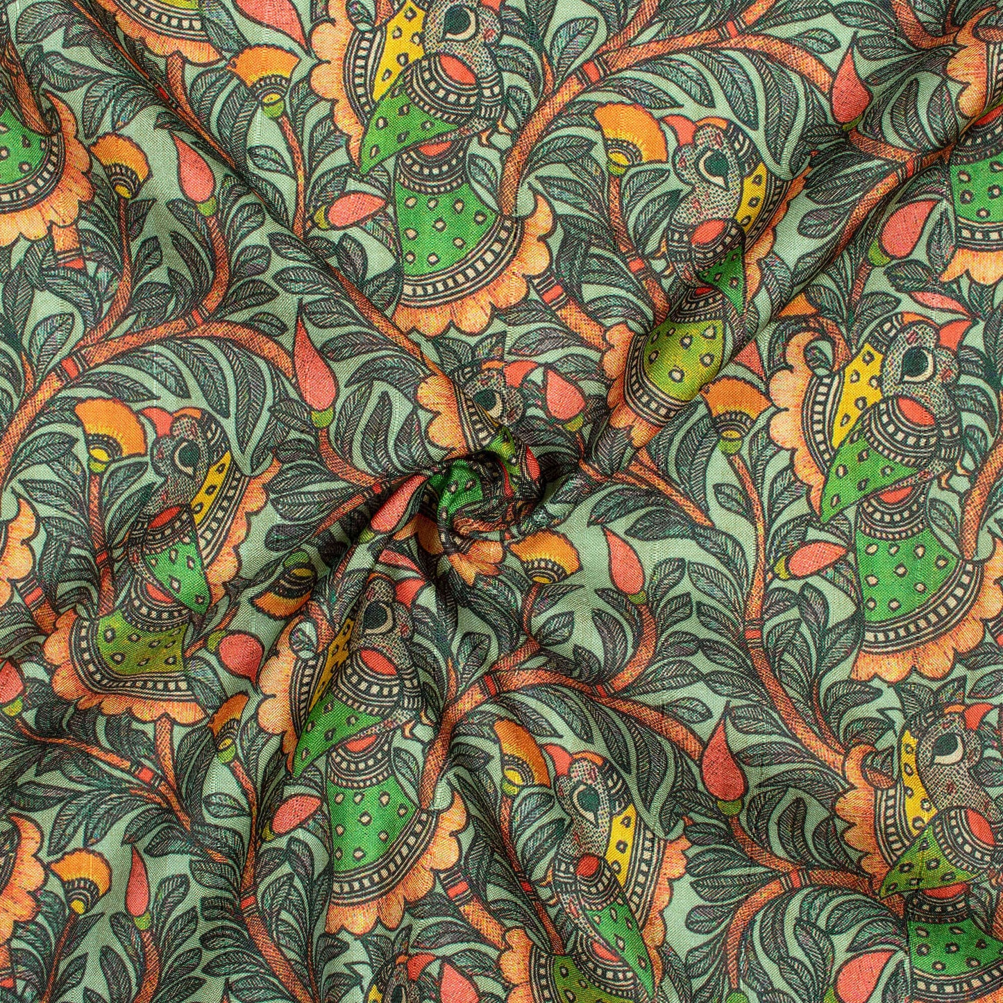 Black And Parrot Green Madhuvanii Pattern Digital Print Art Tusser Silk Fabric