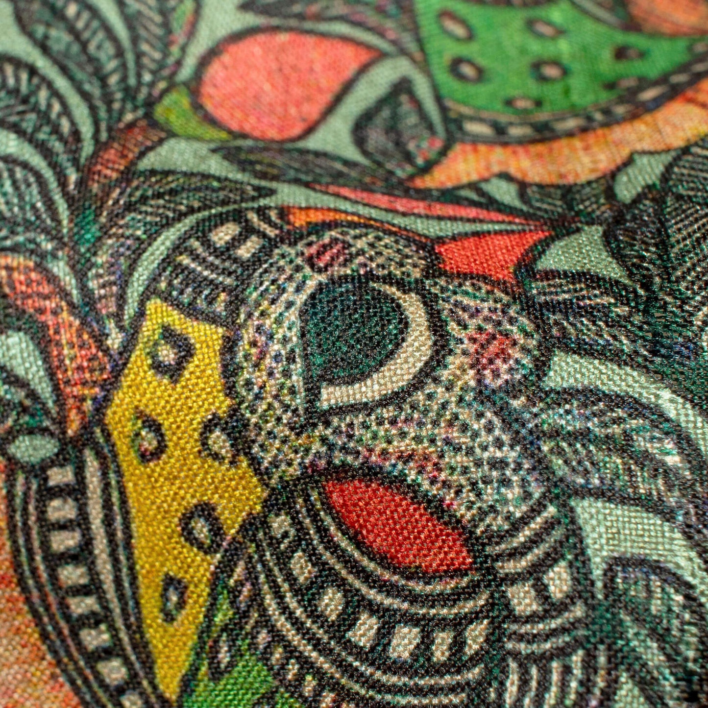Black And Parrot Green Madhuvanii Pattern Digital Print Art Tusser Silk Fabric