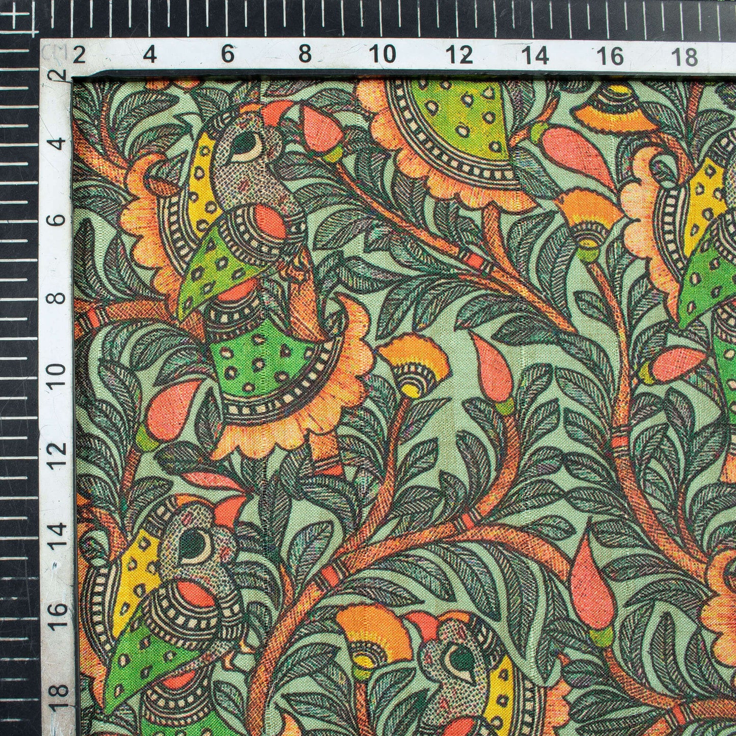 Black And Parrot Green Madhubani Pattern Digital Print Art Tussar Silk Fabric