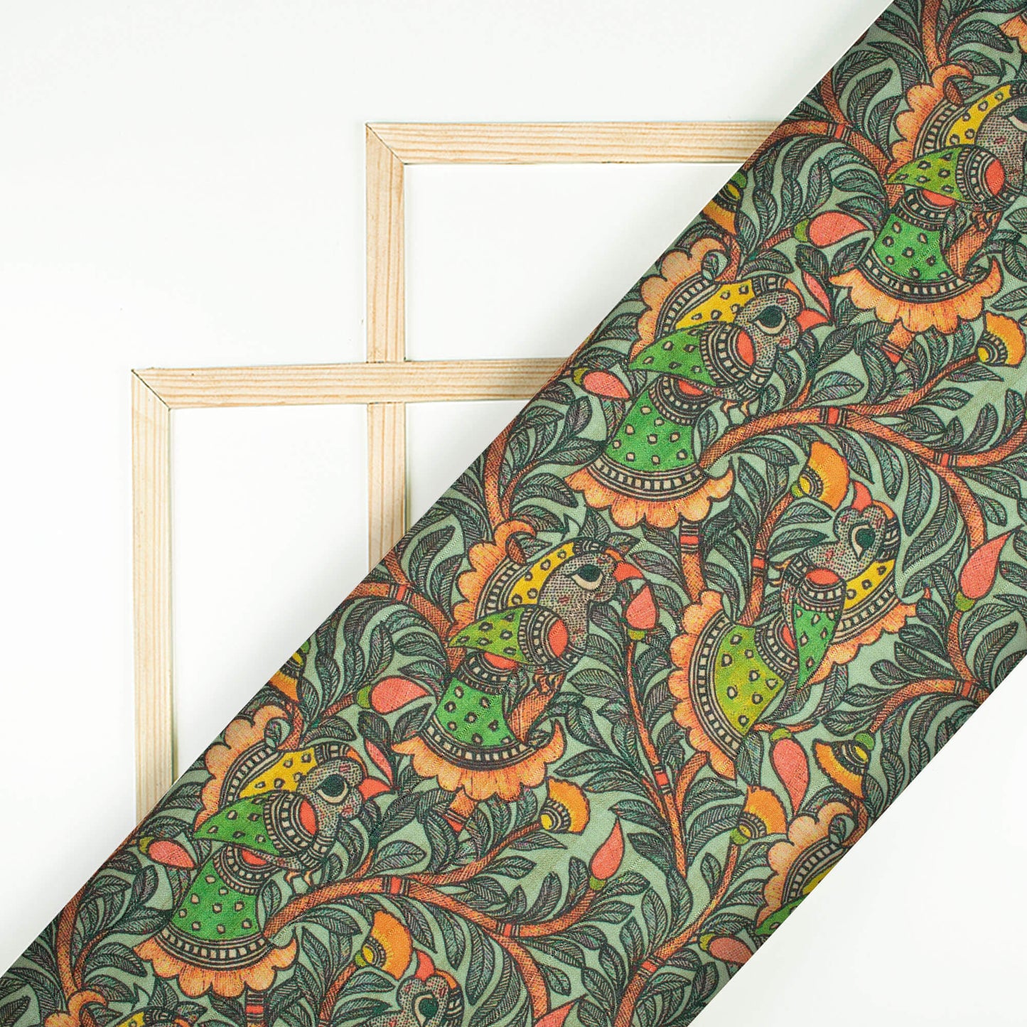 Black And Parrot Green Madhuvanii Pattern Digital Print Art Tusser Silk Fabric