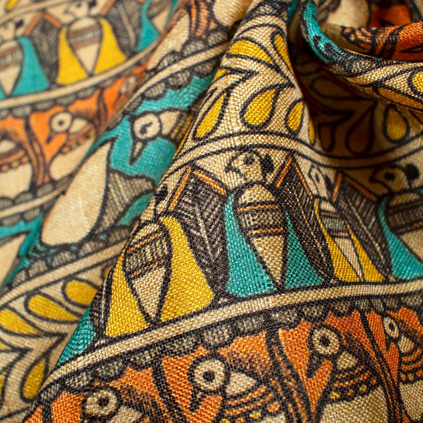 Yellow And Sky Blue Madhuvanii Pattern Digital Print Art Tusser Silk Fabric