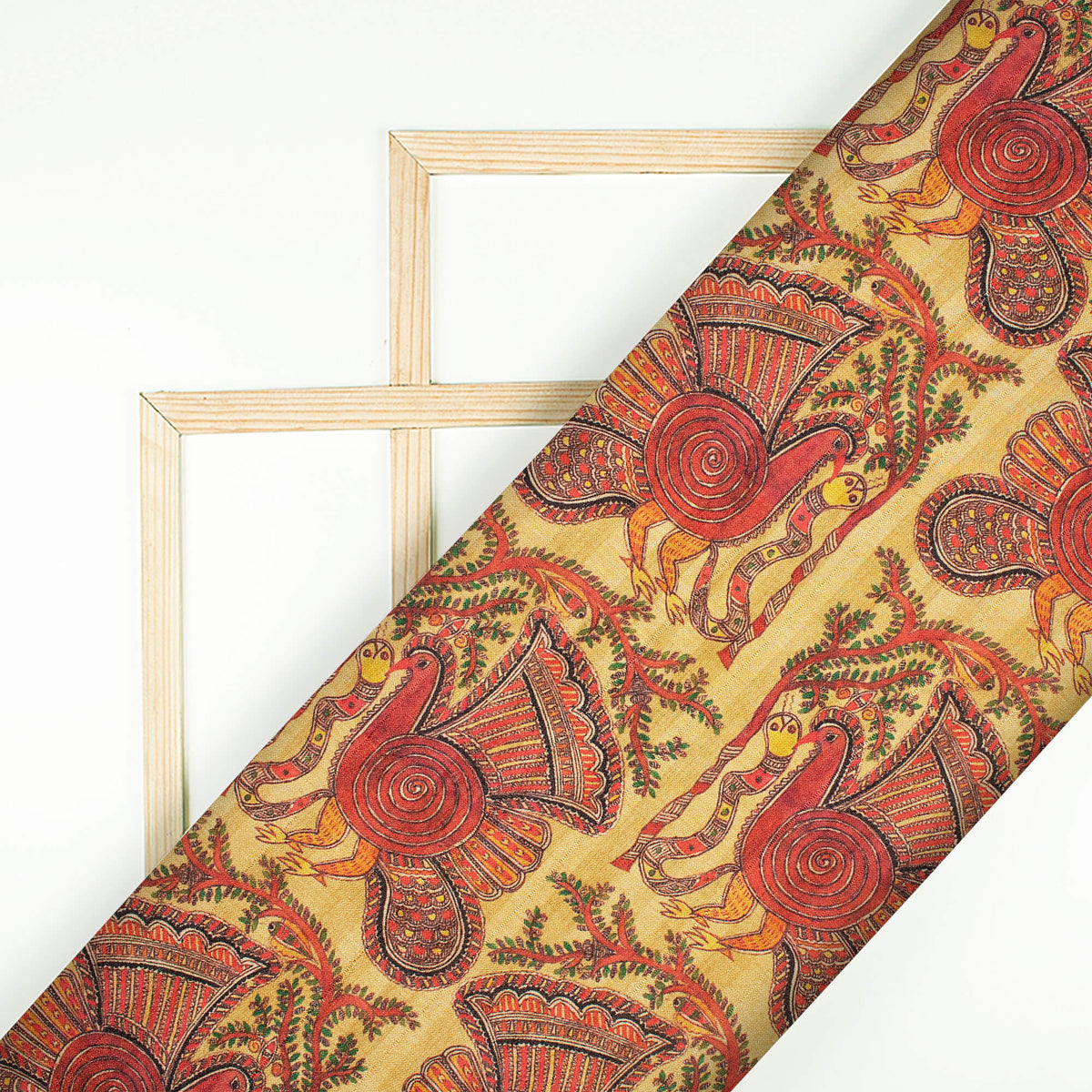 Cream And Red Madhubani Pattern Digital Print Art Tusser Silk Fabric - Fabcurate