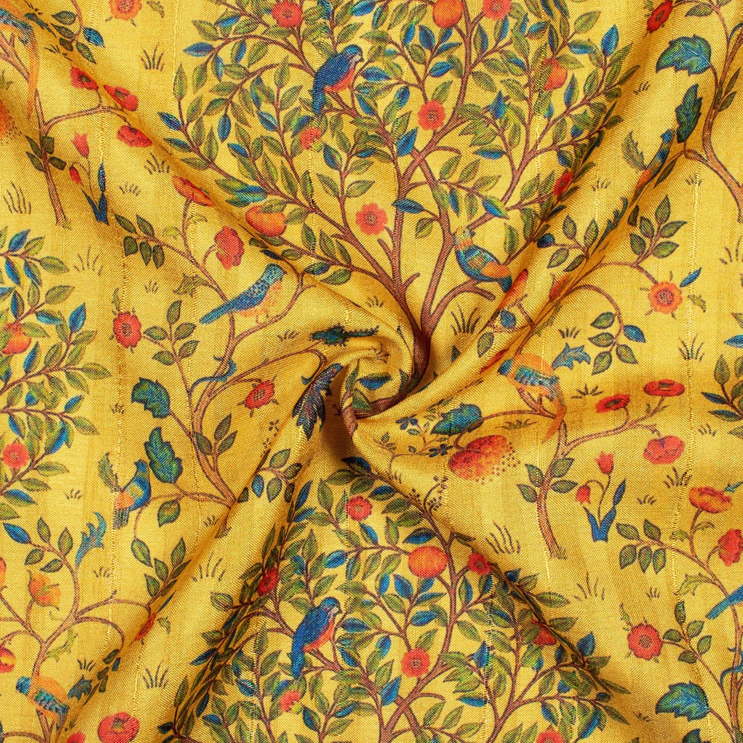 Fleaxen Yellow And Orange Madhubani Pattern Digital Print Art Tussar Silk Fabric