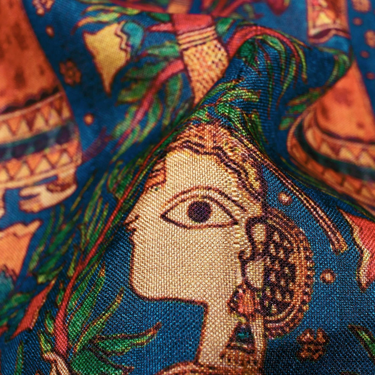 Peacock Blue Nad Orange Madhubani Pattern Digital Print Art Tusser Silk Fabric - Fabcurate