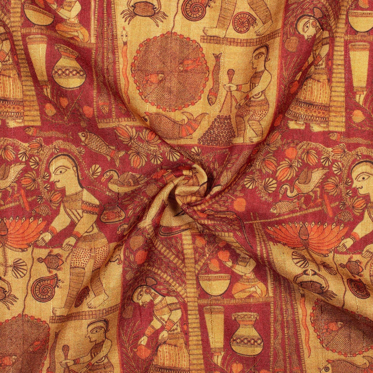 Maroon And Beige Madhubani Pattern Digital Print Art Tusser Silk Fabric - Fabcurate