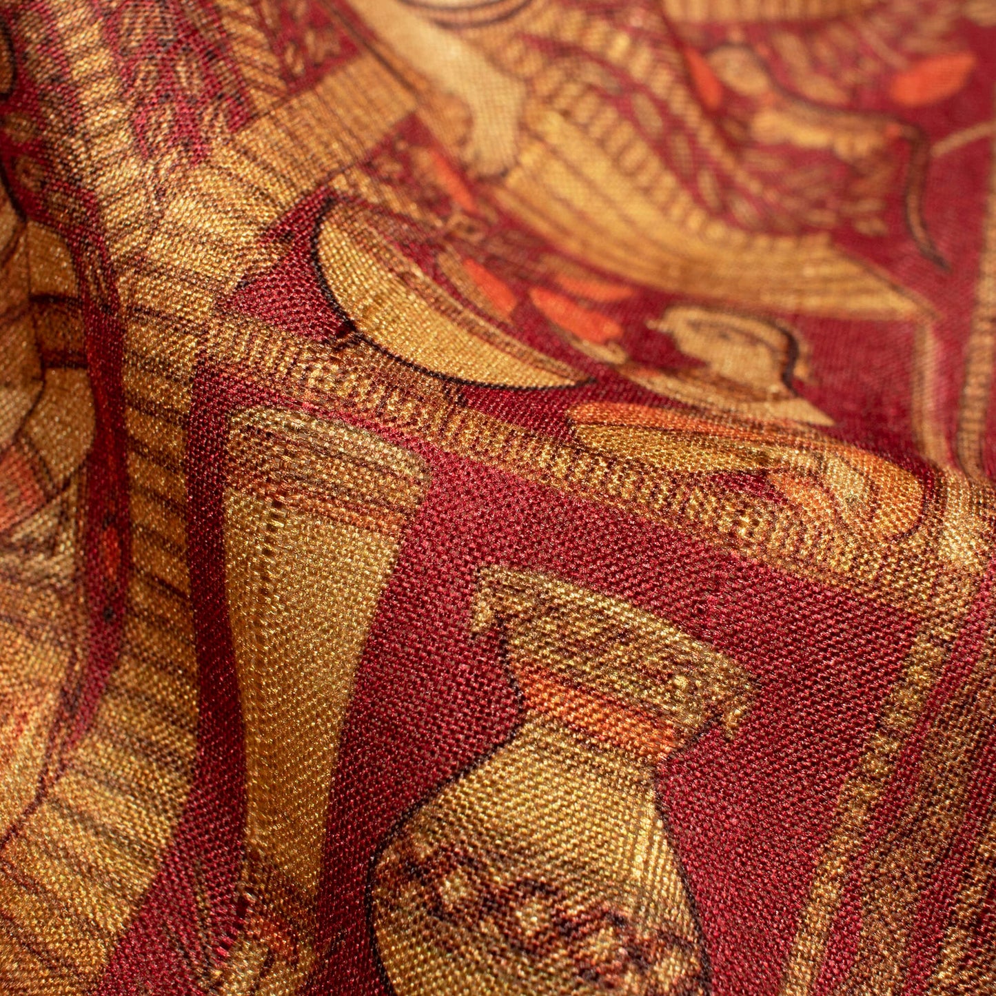 Maroon And Beige Madhubani Pattern Digital Print Art Tusser Silk Fabric - Fabcurate