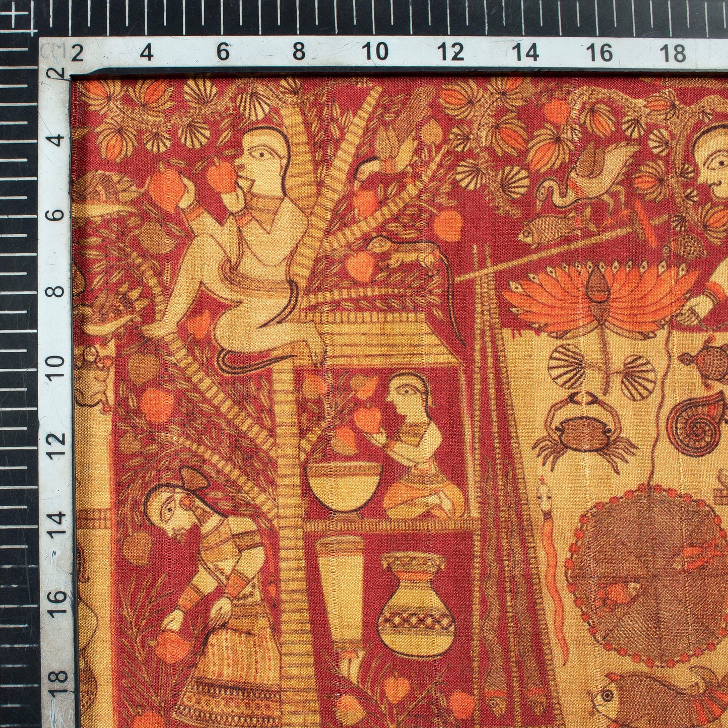 Maroon And Beige Madhubani Pattern Digital Print Art Tusser Silk Fabric - Fabcurate