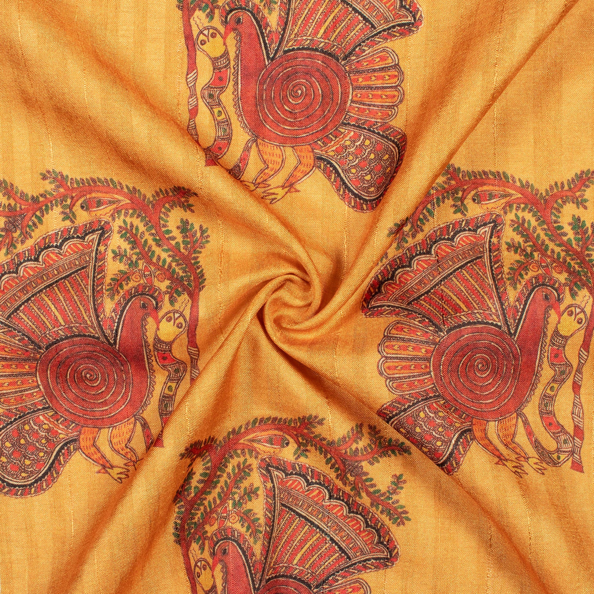 Pastel Orange And Red Madhubani Pattern Digital Print Art Tusser Silk Fabric - Fabcurate