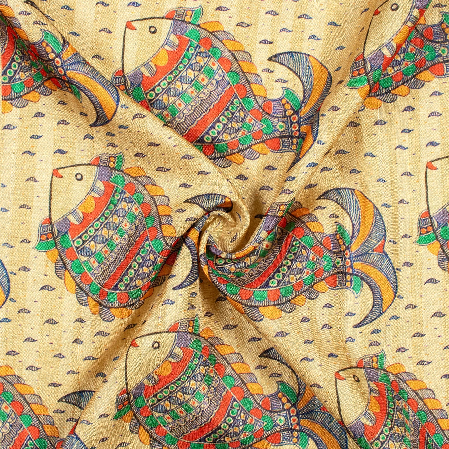 Beige And Royal Blue Madhubani Pattern Digital Print Art Tussar Silk Fabric