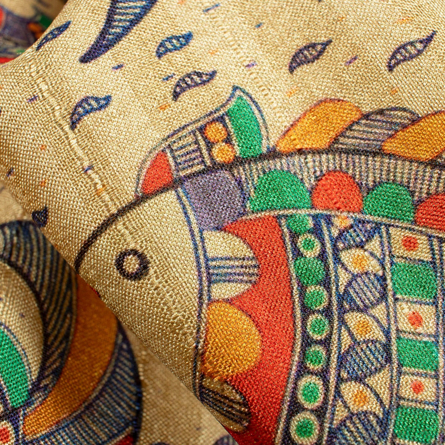 Beige And Royal Blue Madhubani Pattern Digital Print Art Tussar Silk Fabric