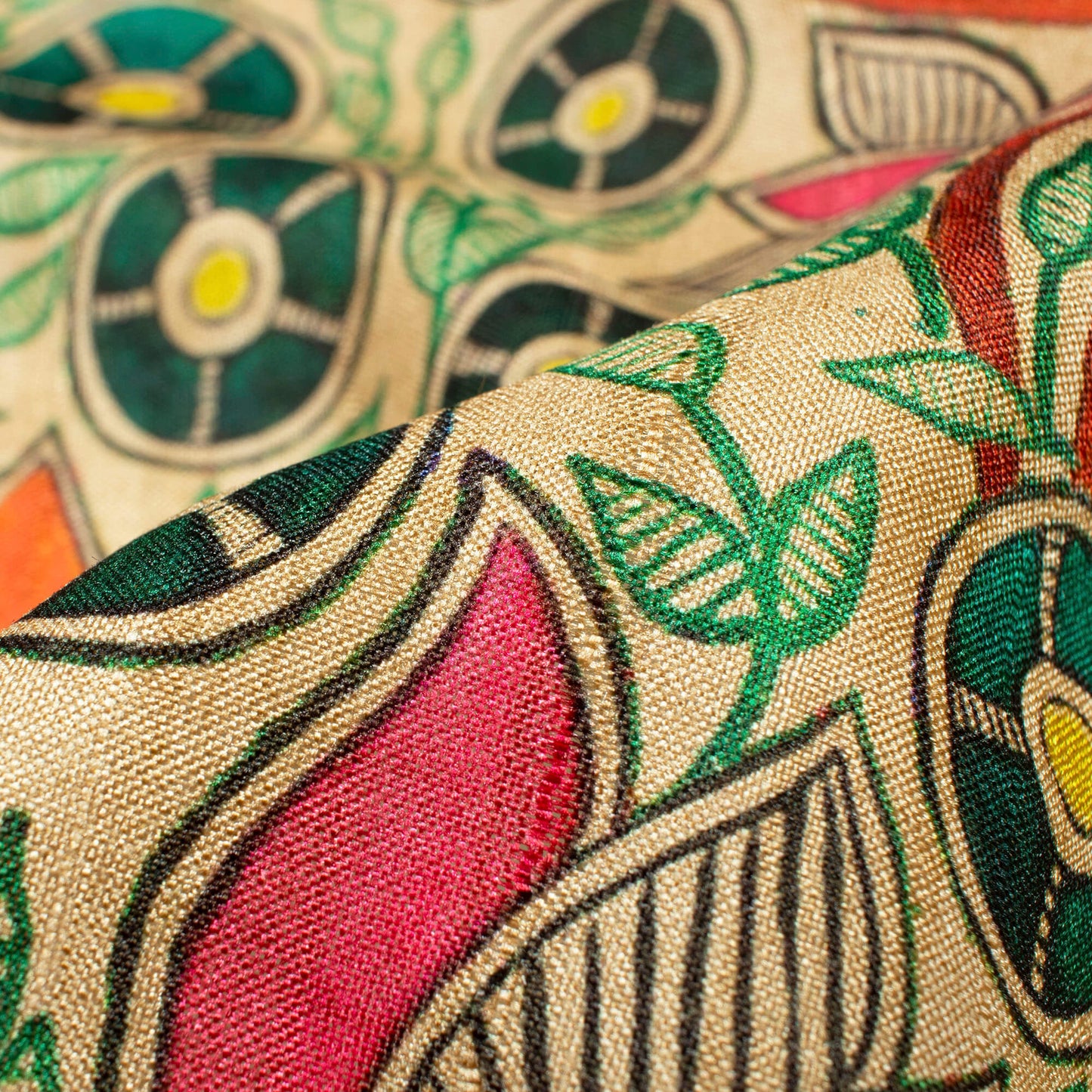 Pink And Orange Madhuvanii Pattern Digital Print Art Tusser Silk Fabric