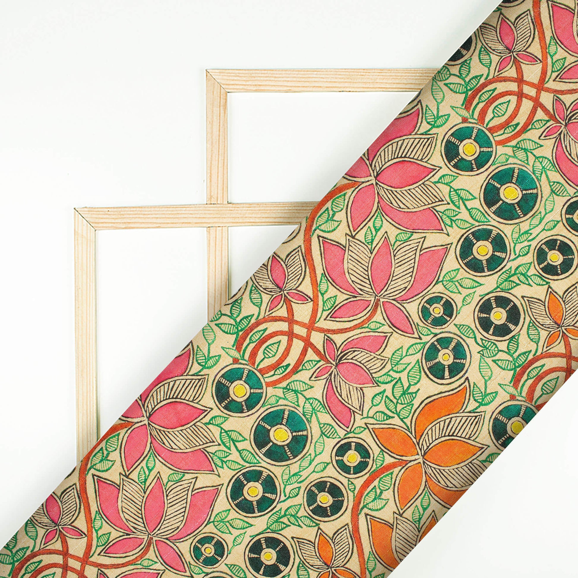 Pink And Orange Madhubani Pattern Digital Print Art Tusser Silk Fabric - Fabcurate