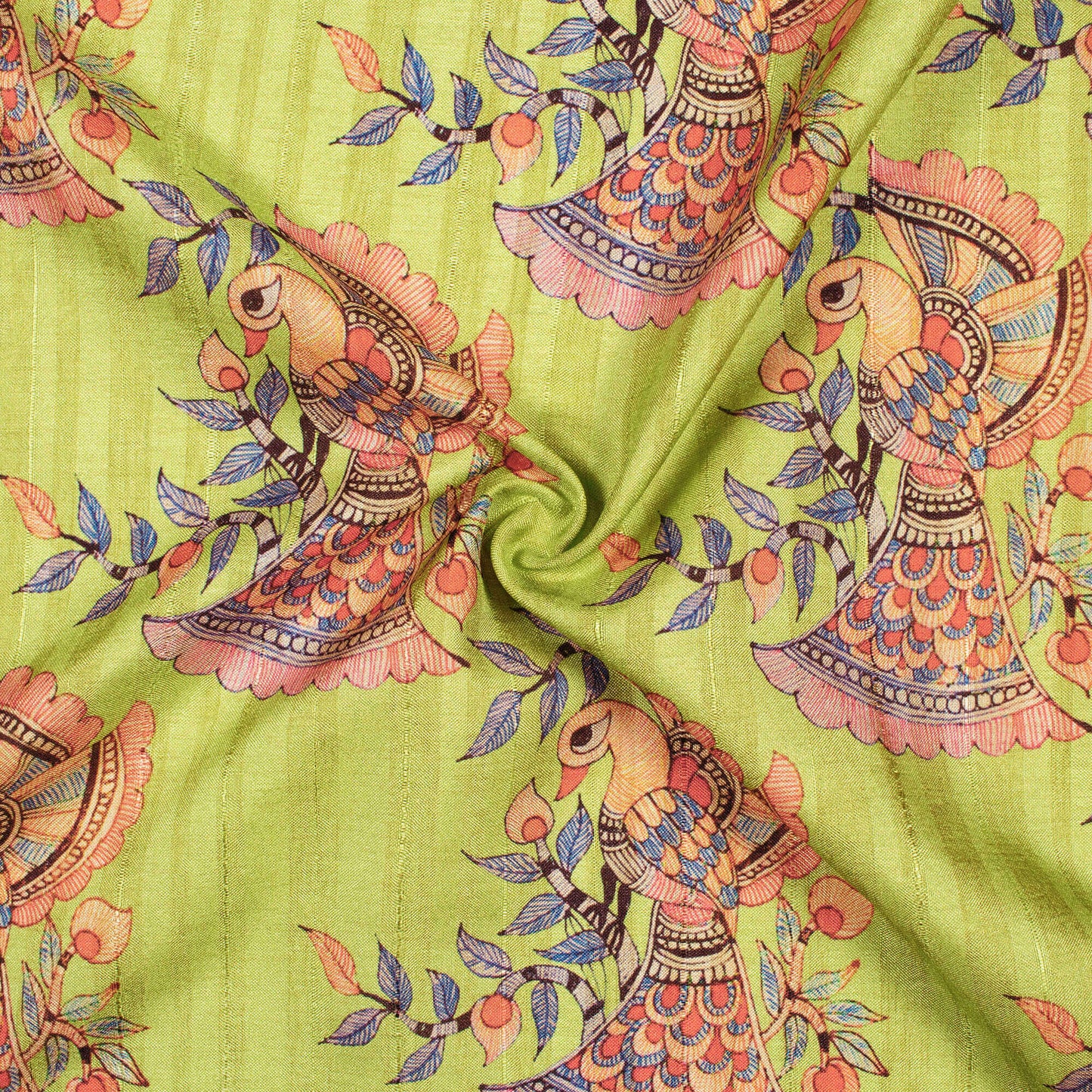 Pistachio Green And Orange Madhubani Pattern Digital Print Art Tussar Silk Fabric