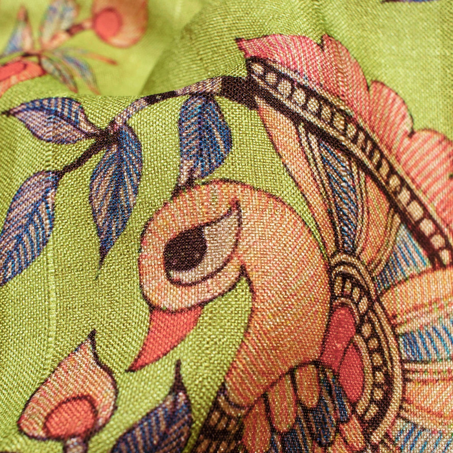 Pistachio Green And Orange Madhuvanii Pattern Digital Print Art Tusser Silk Fabric