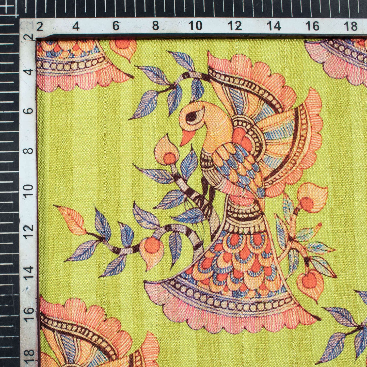 Pistachio Green And Orange Madhubani Pattern Digital Print Art Tussar Silk Fabric