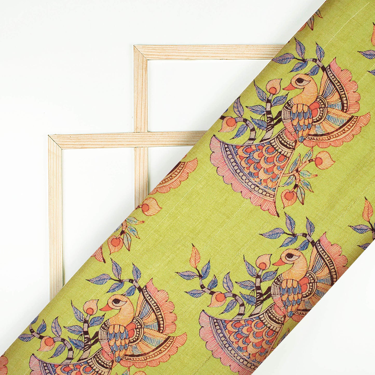Pistachio Green And Orange Madhubani Pattern Digital Print Art Tussar Silk Fabric