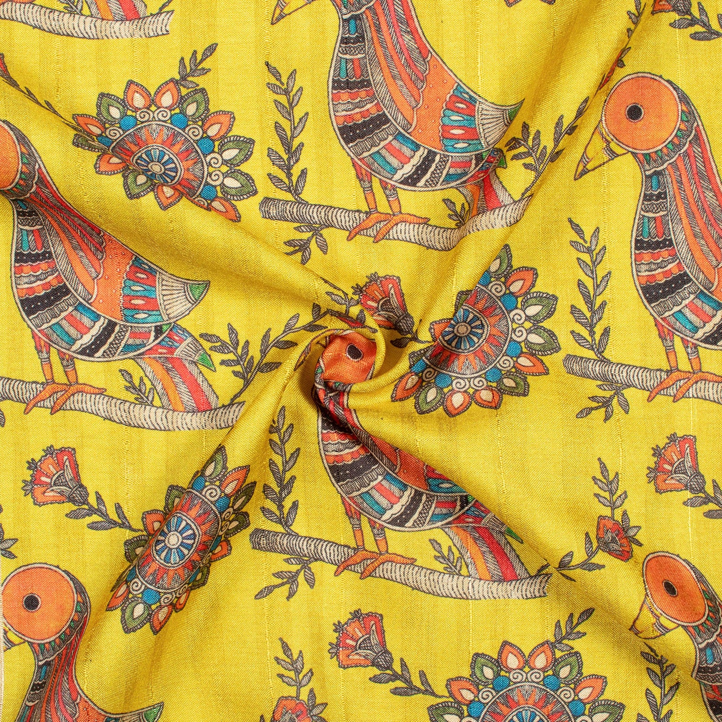 Yellow And Orange Madhubani Pattern Digital Print Art Tussar Silk Fabric