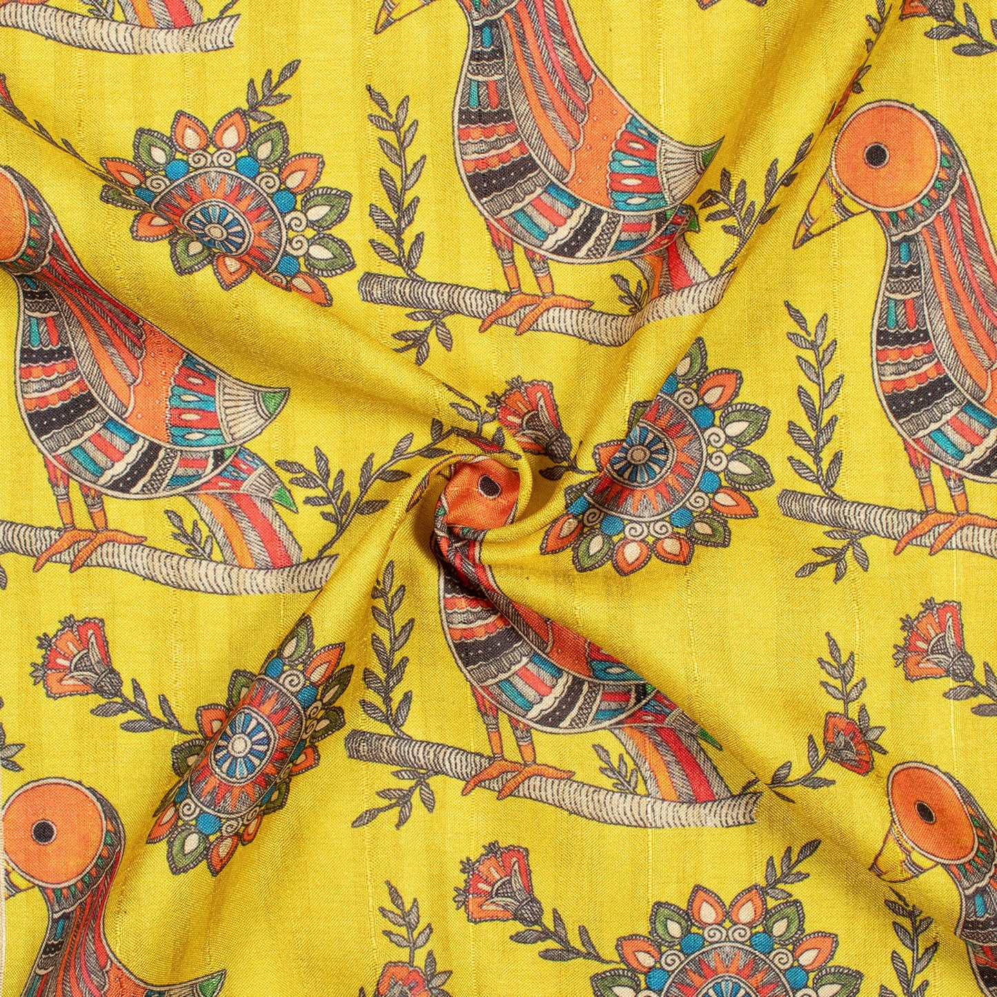 Yellow And Orange Madhuvanii Pattern Digital Print Art Tusser Silk Fabric