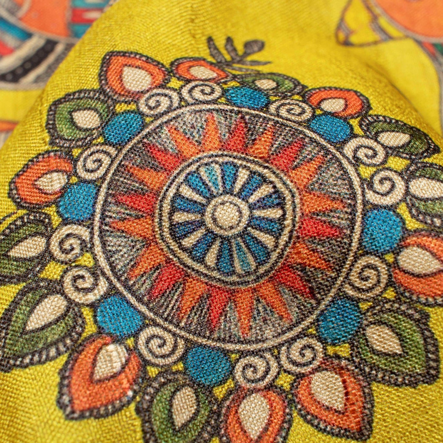 Yellow And Orange Madhubani Pattern Digital Print Art Tussar Silk Fabric