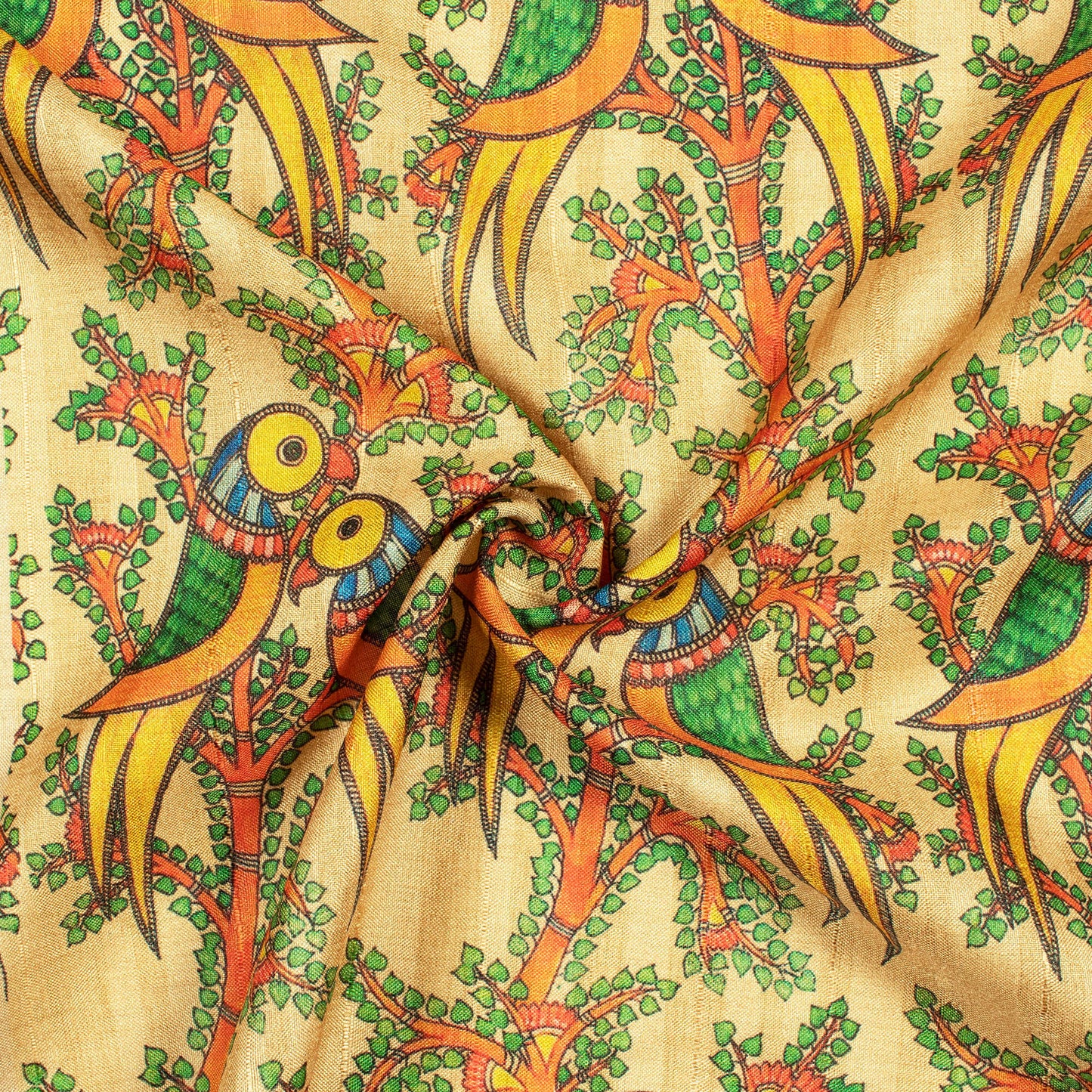 Beige And Parrot Green Madhubani Pattern Digital Print Art Tussar Silk Fabric