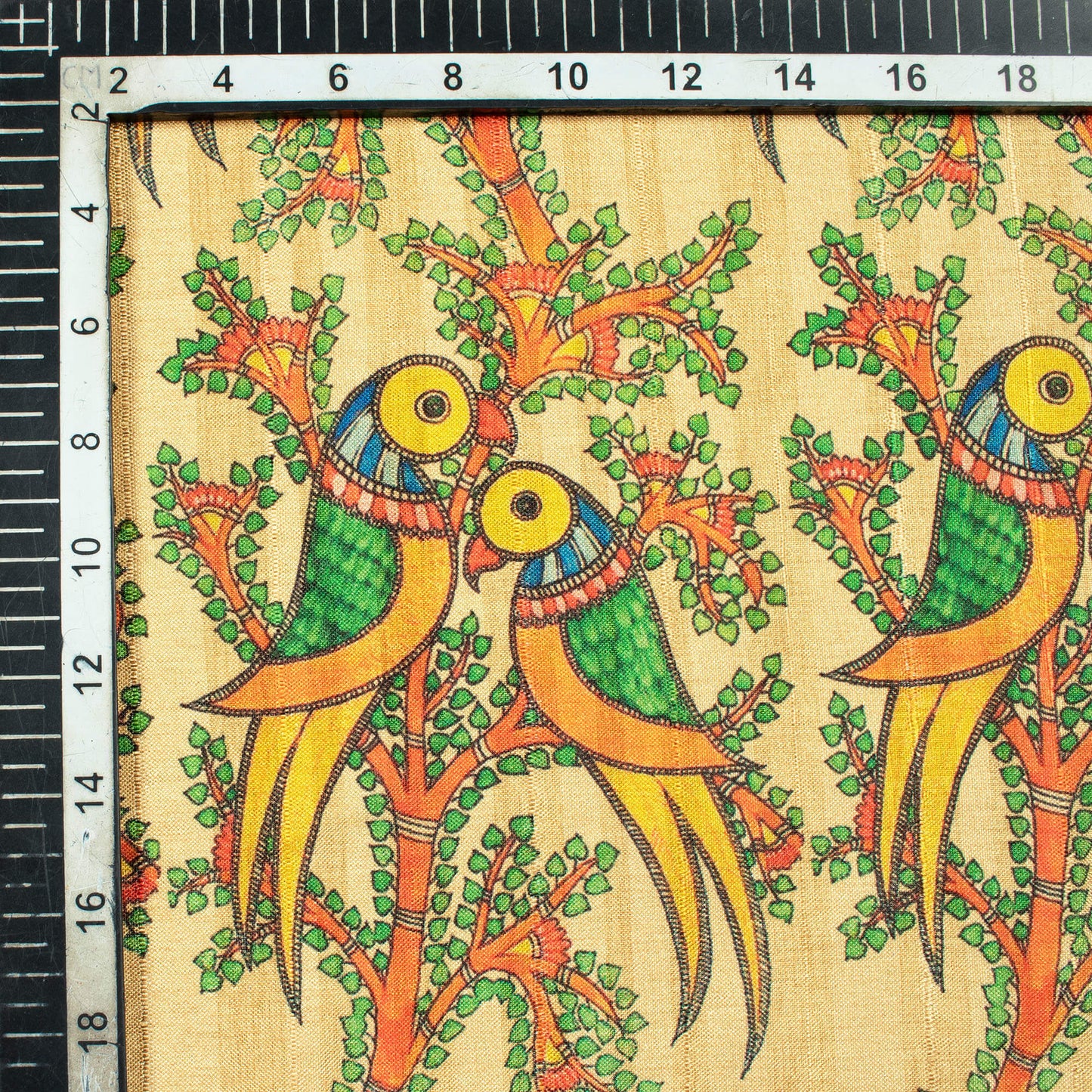 Beige And Parrot Green Madhubani Pattern Digital Print Art Tussar Silk Fabric