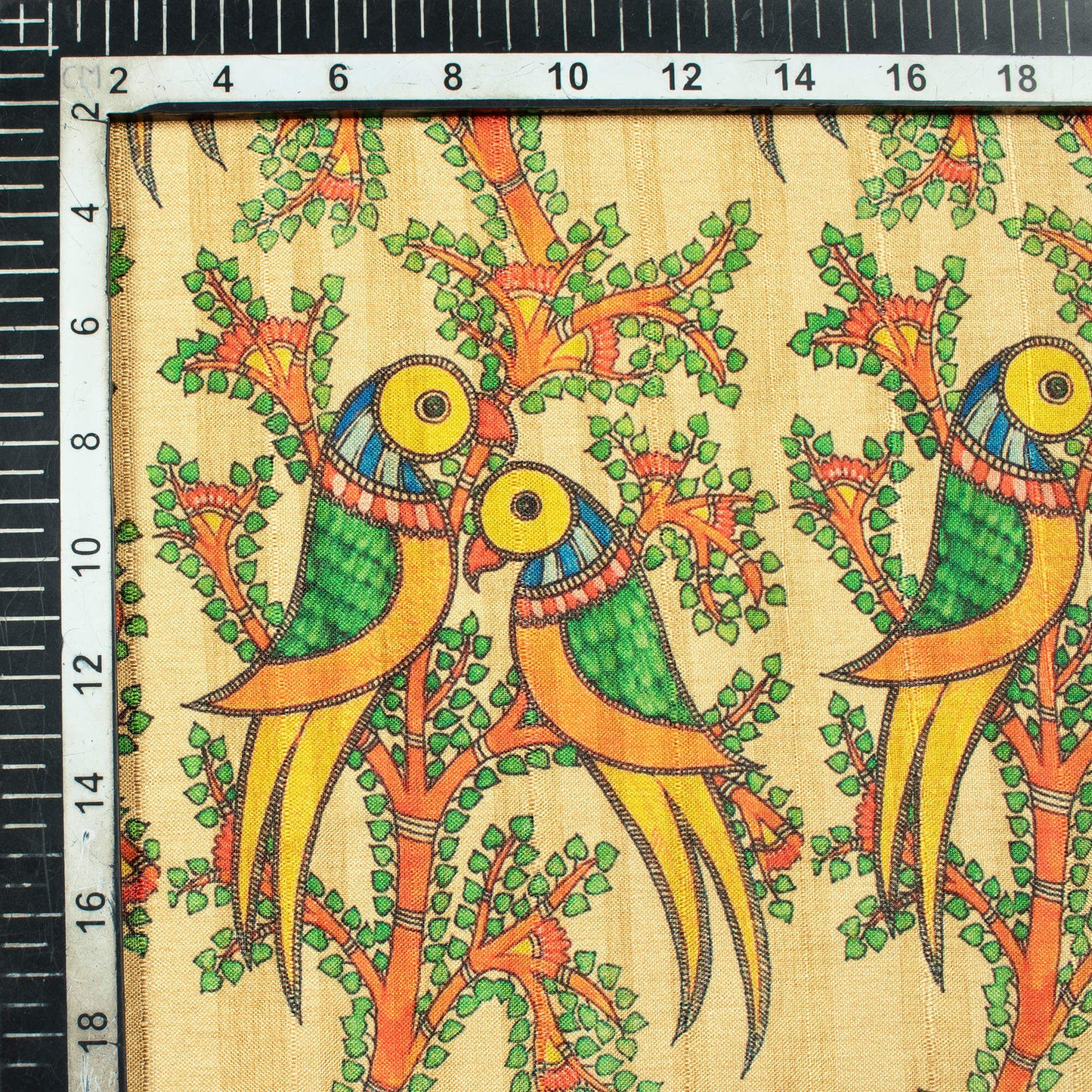 Beige And Parrot Green Madhuvanii Pattern Digital Print Art Tusser Silk Fabric