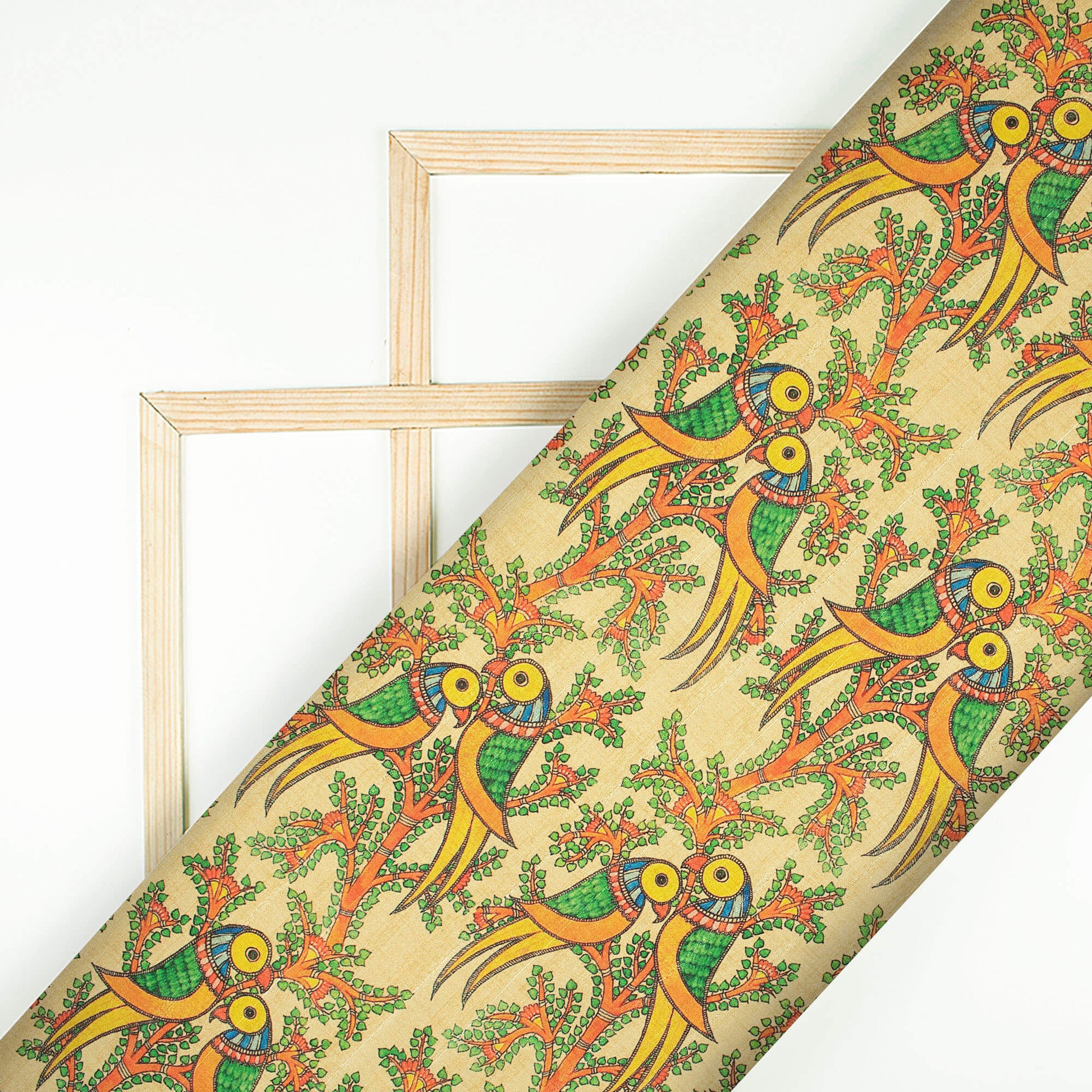 Beige And Parrot Green Madhubani Pattern Digital Print Art Tusser Silk Fabric - Fabcurate