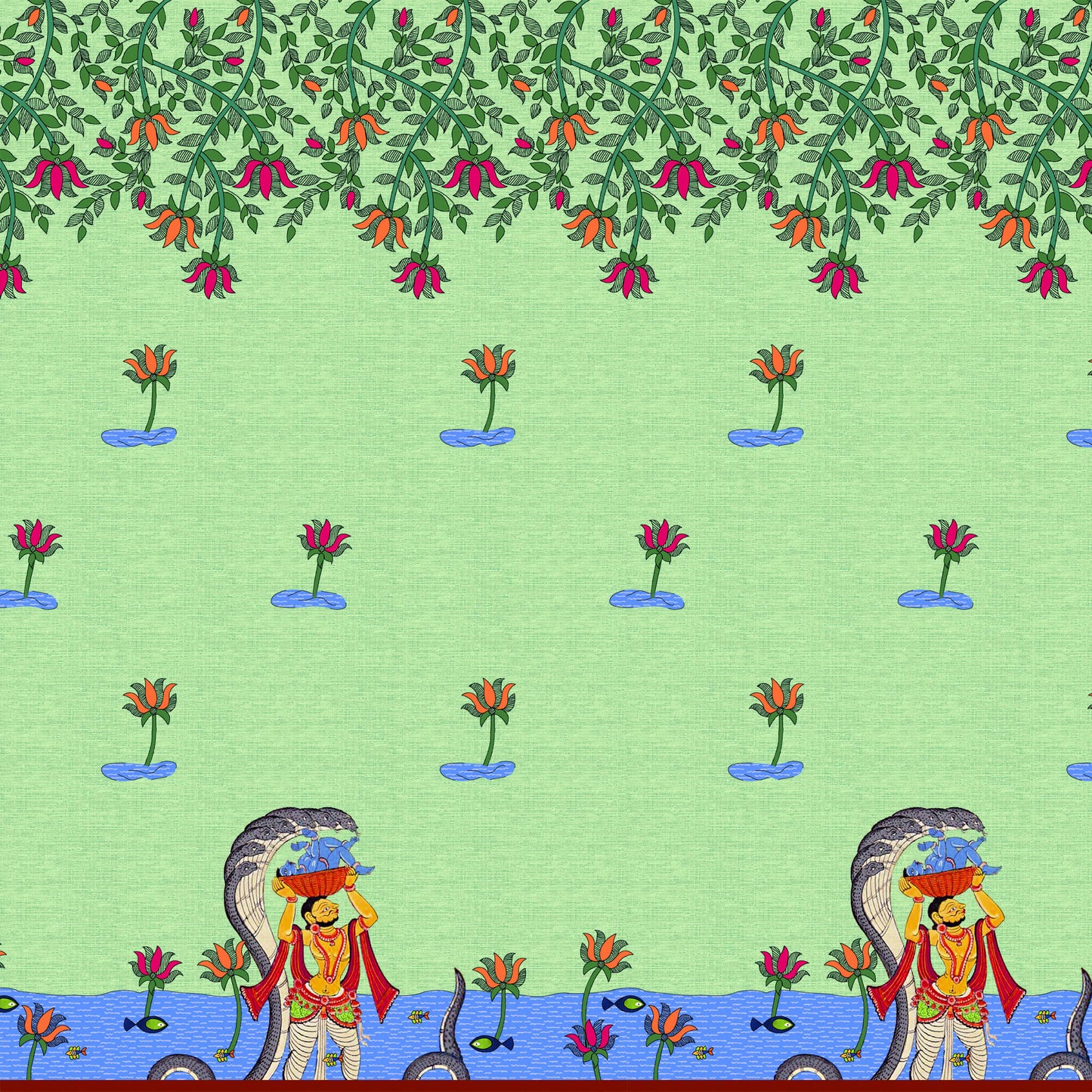 Pistachio Green And Maya Blue Madhuvanii Pattern Digital Print Art Tusser Silk Fabric