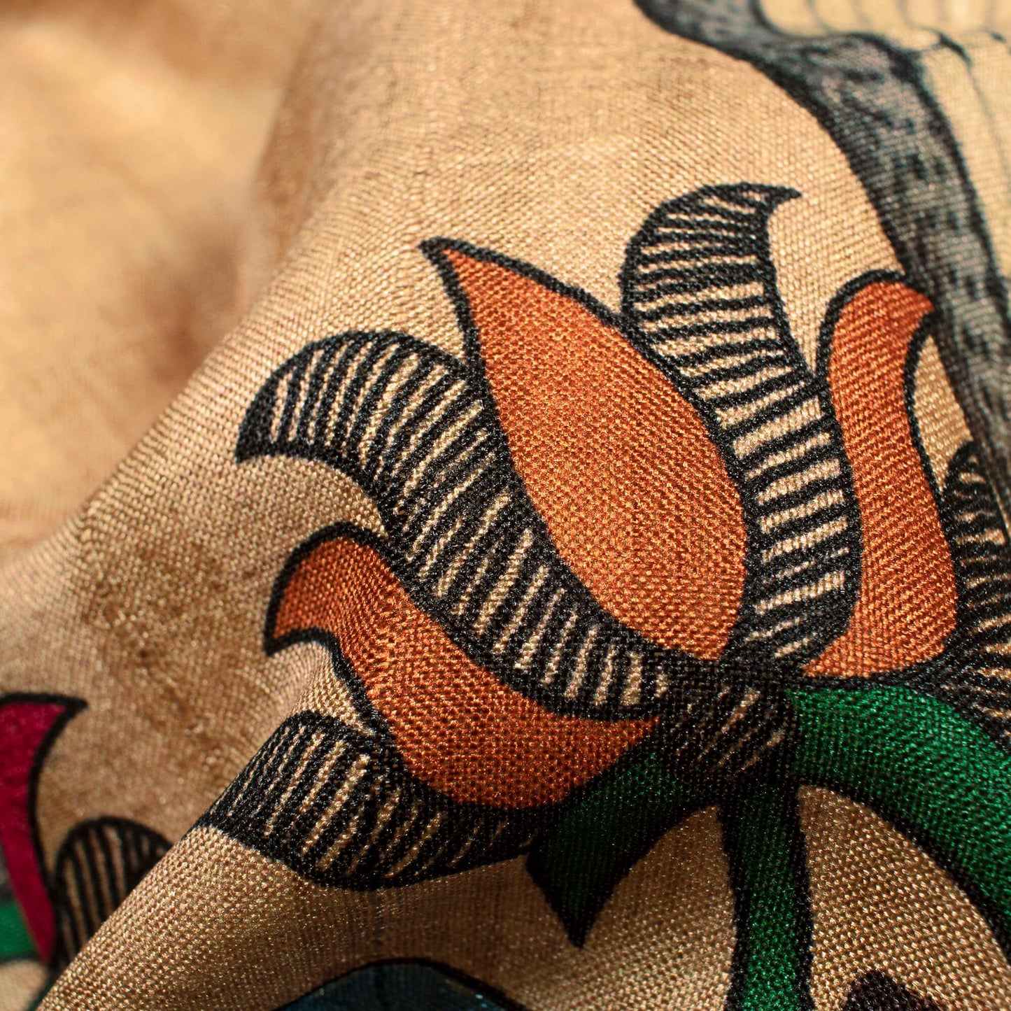 Sand Beige And Maya Blue Madhubani Pattern Digital Print Art Tussar Silk Fabric