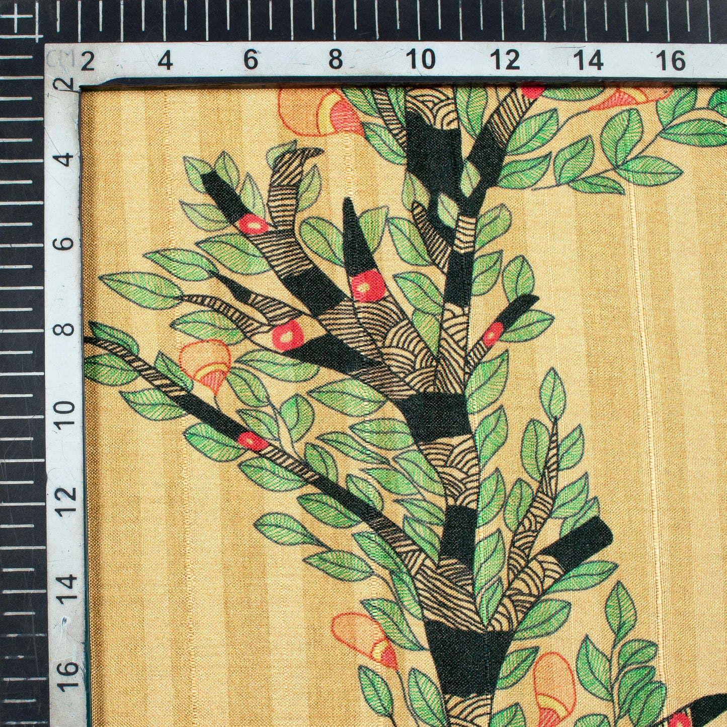 Dark Cream And Jungle Green Madhubani Pattern Digital Print Art Tusser Silk Fabric - Fabcurate