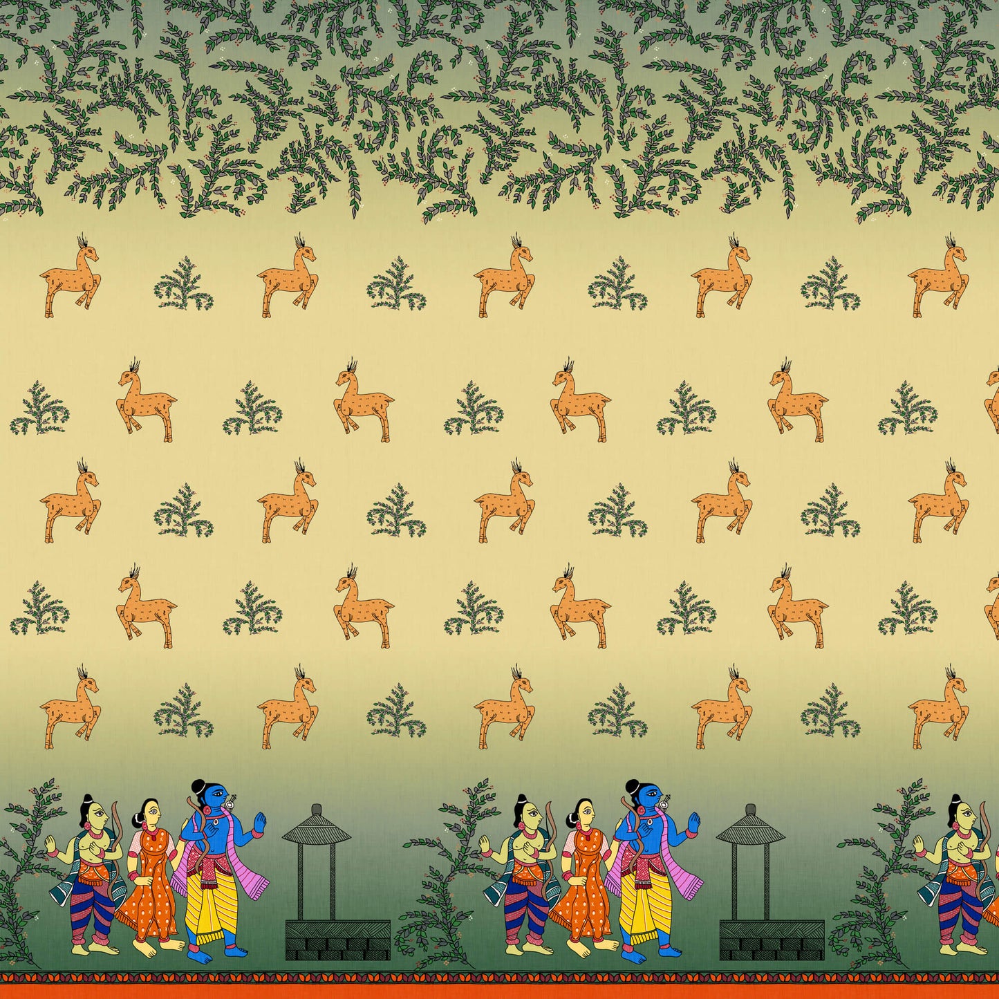Cream And Gold Yellow Madhuvanii Pattern Digital Print Art Tusser Silk Fabric