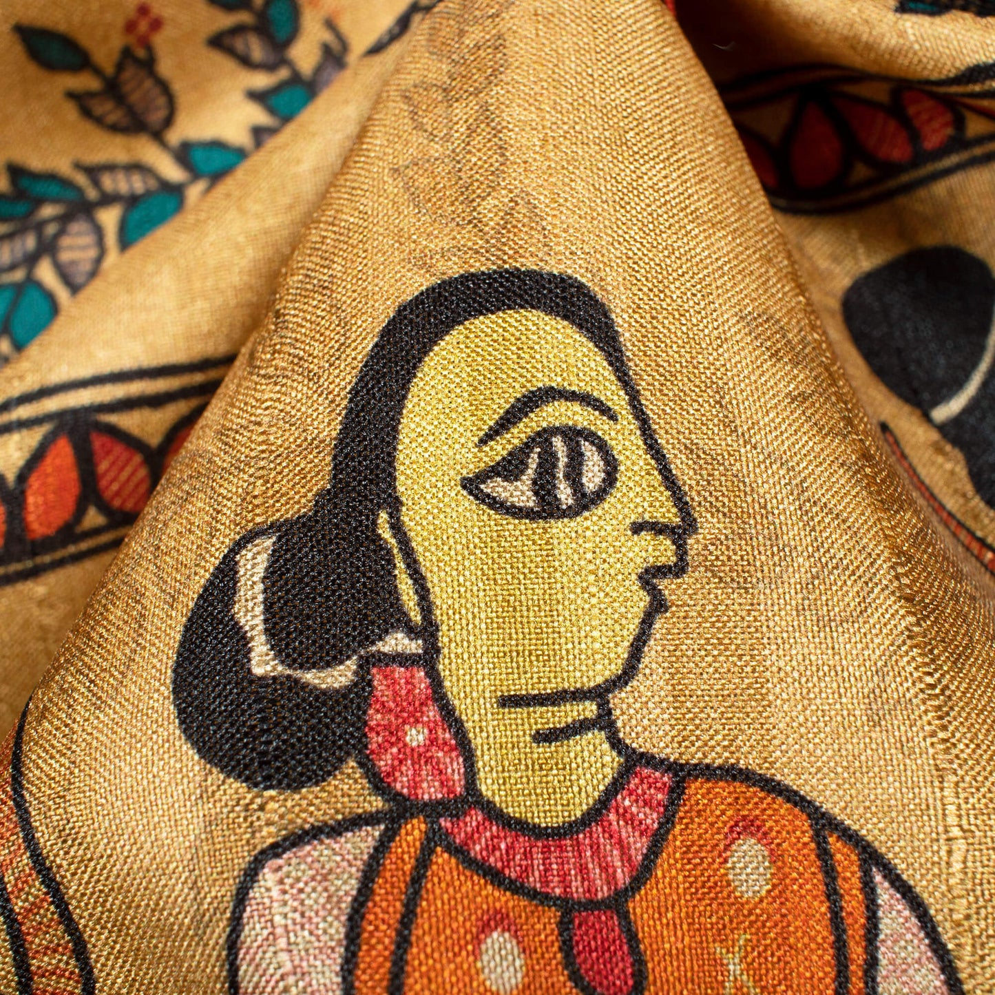 Sand Beige And Pine Green Madhuvanii Pattern Digital Print Art Tusser Silk Fabric